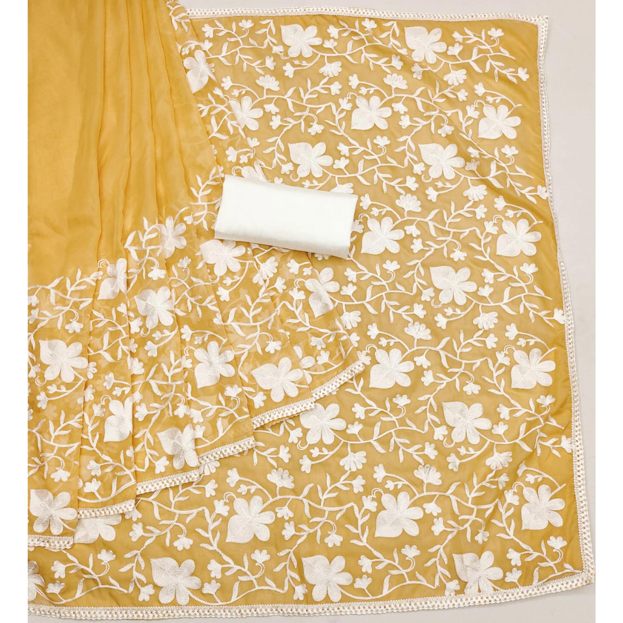 Yellow Floral Embroidered Organza Saree