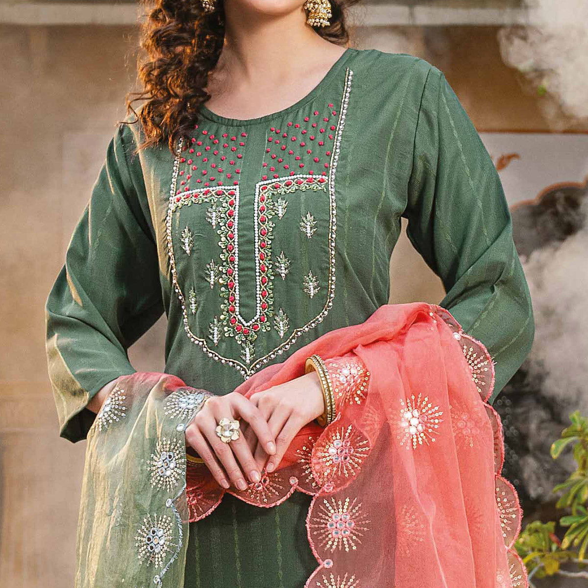 Green Embellished Viscose Salwar Suit