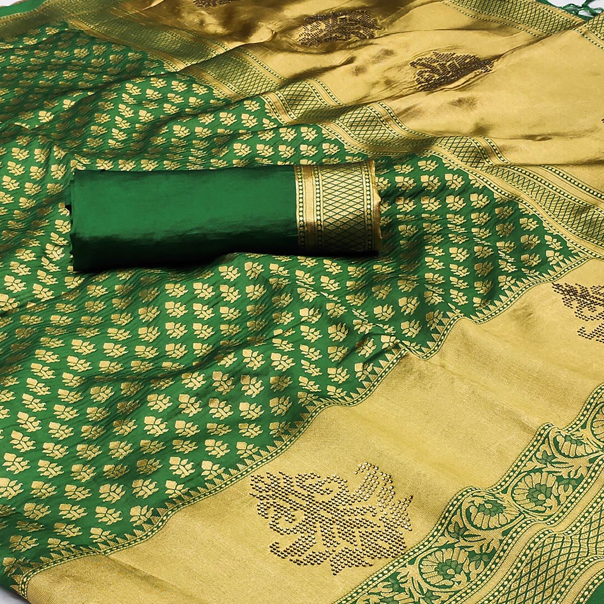 Green Woven Art Silk Saree With Tassels