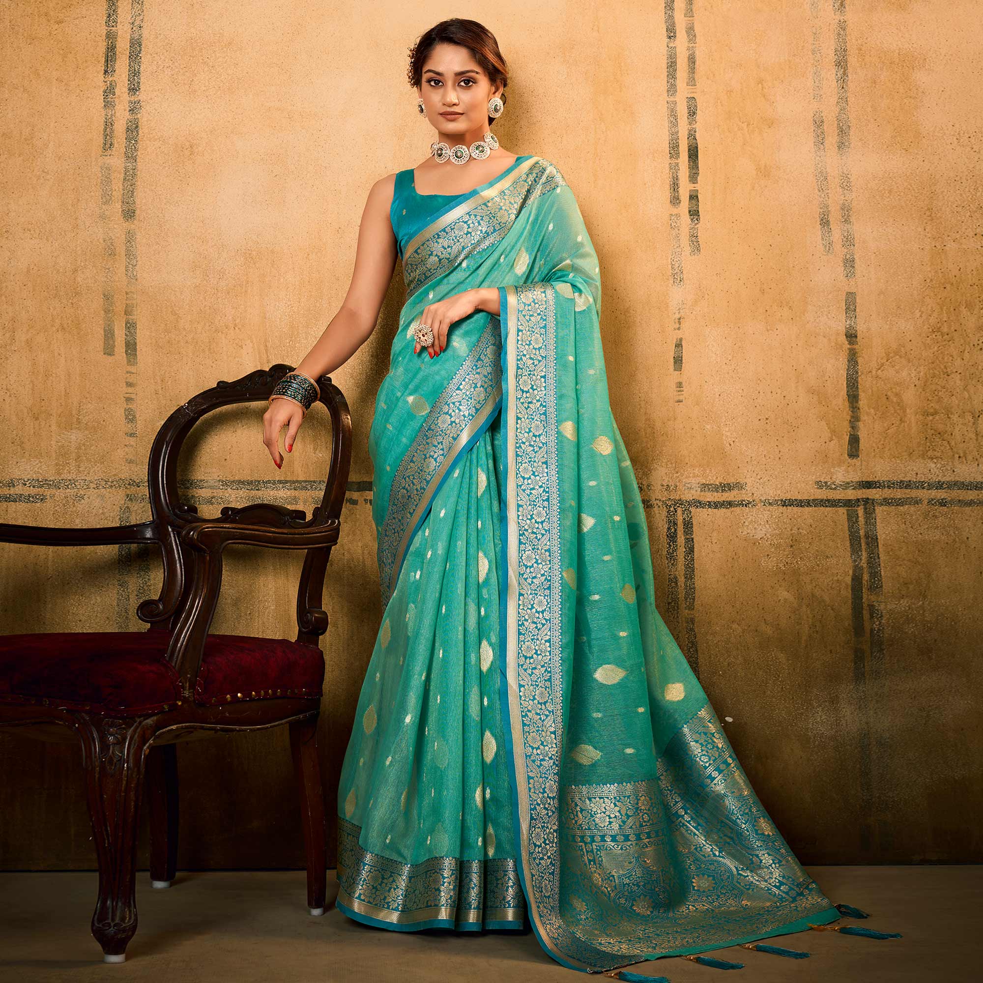 Turquoise Woven Tissue Saree
