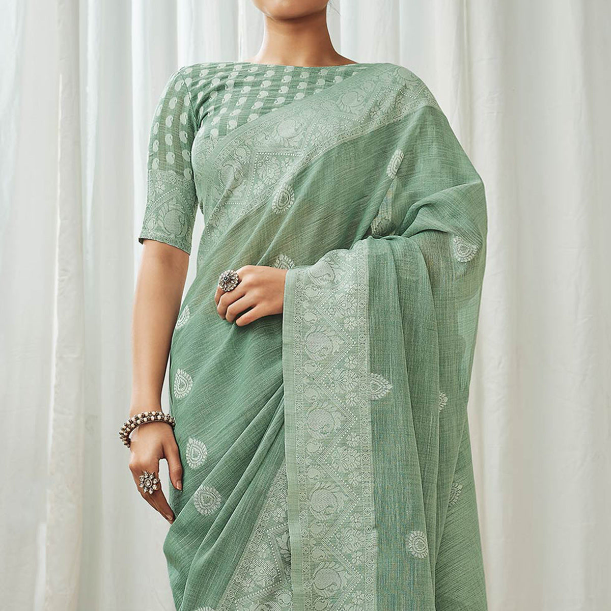 Green Woven Linen Saree
