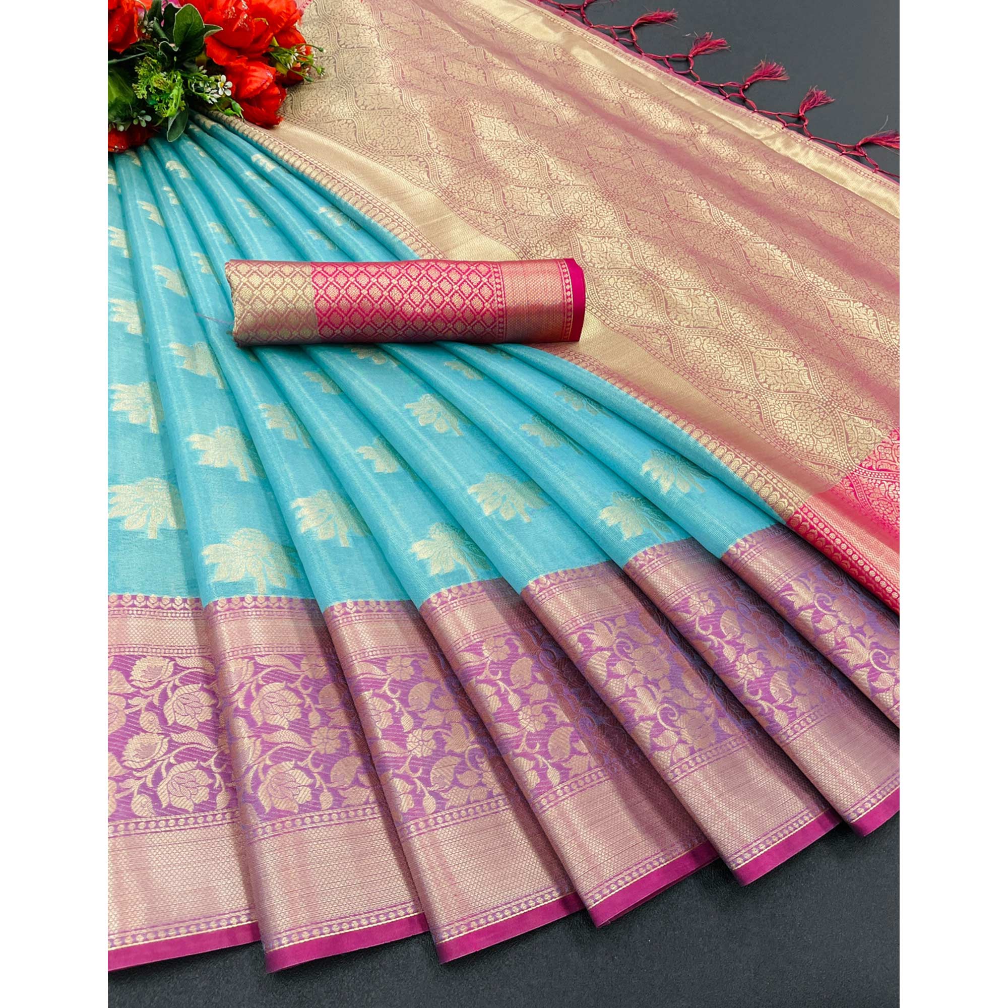 Firozi Woven Art Silk Saree With Tassels