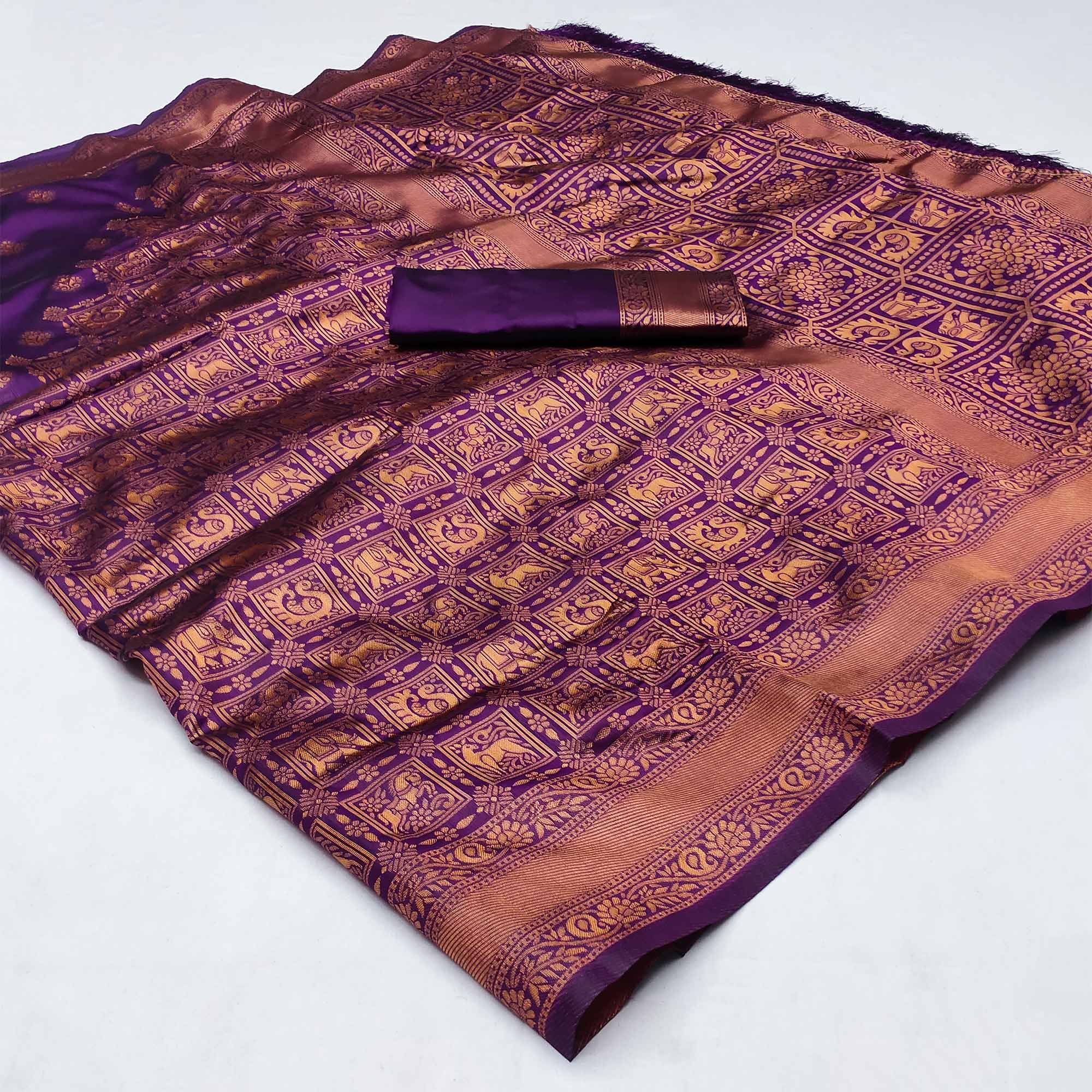 Purple Woven Jacquard Saree With Tassels