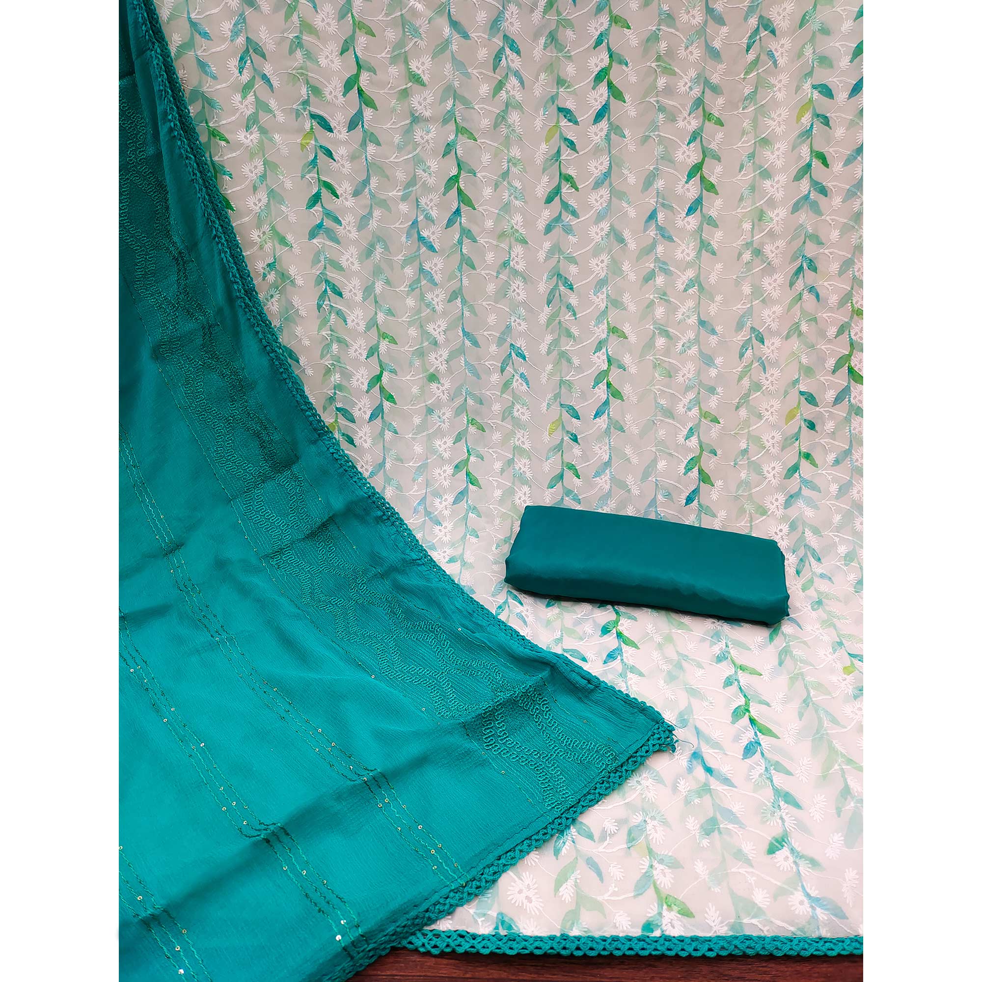 Blue Digital Printed With Embroidered Georgette Dress Material