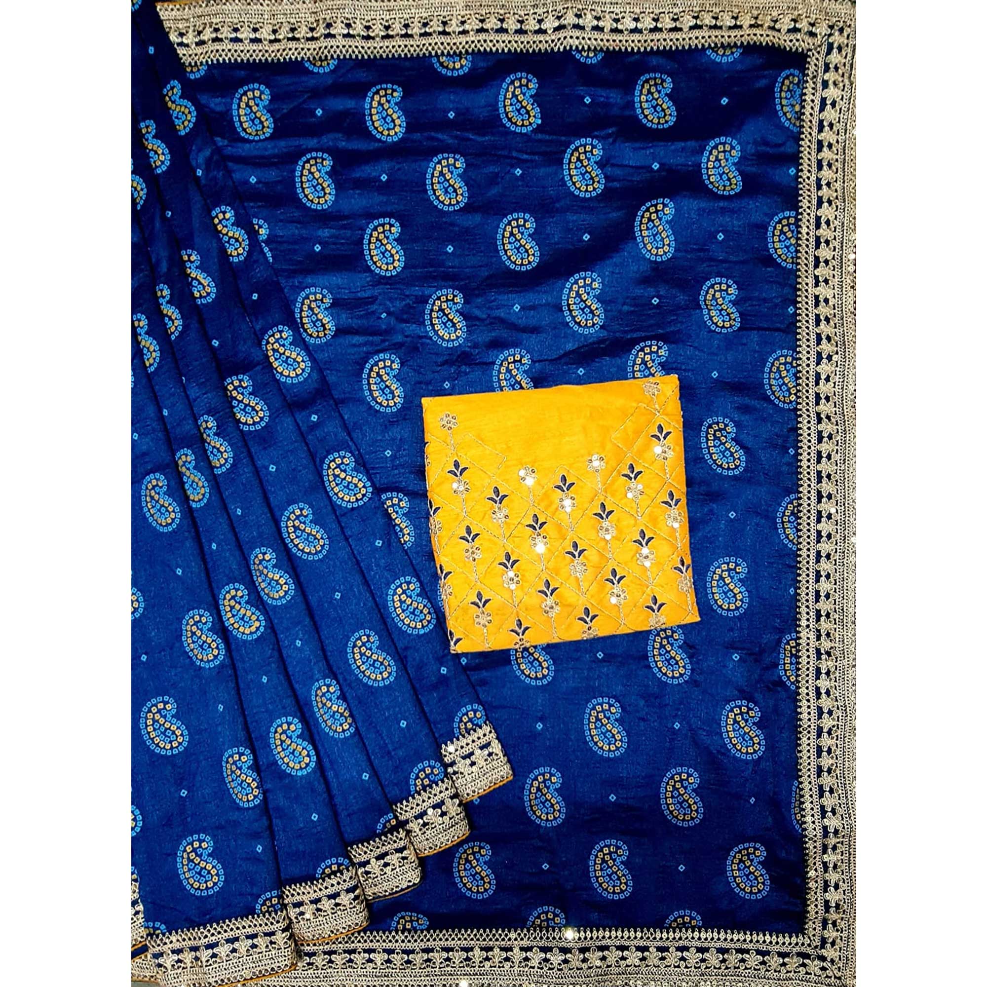 Blue Bandhani Printed With Sequins Vichitra Silk Saree