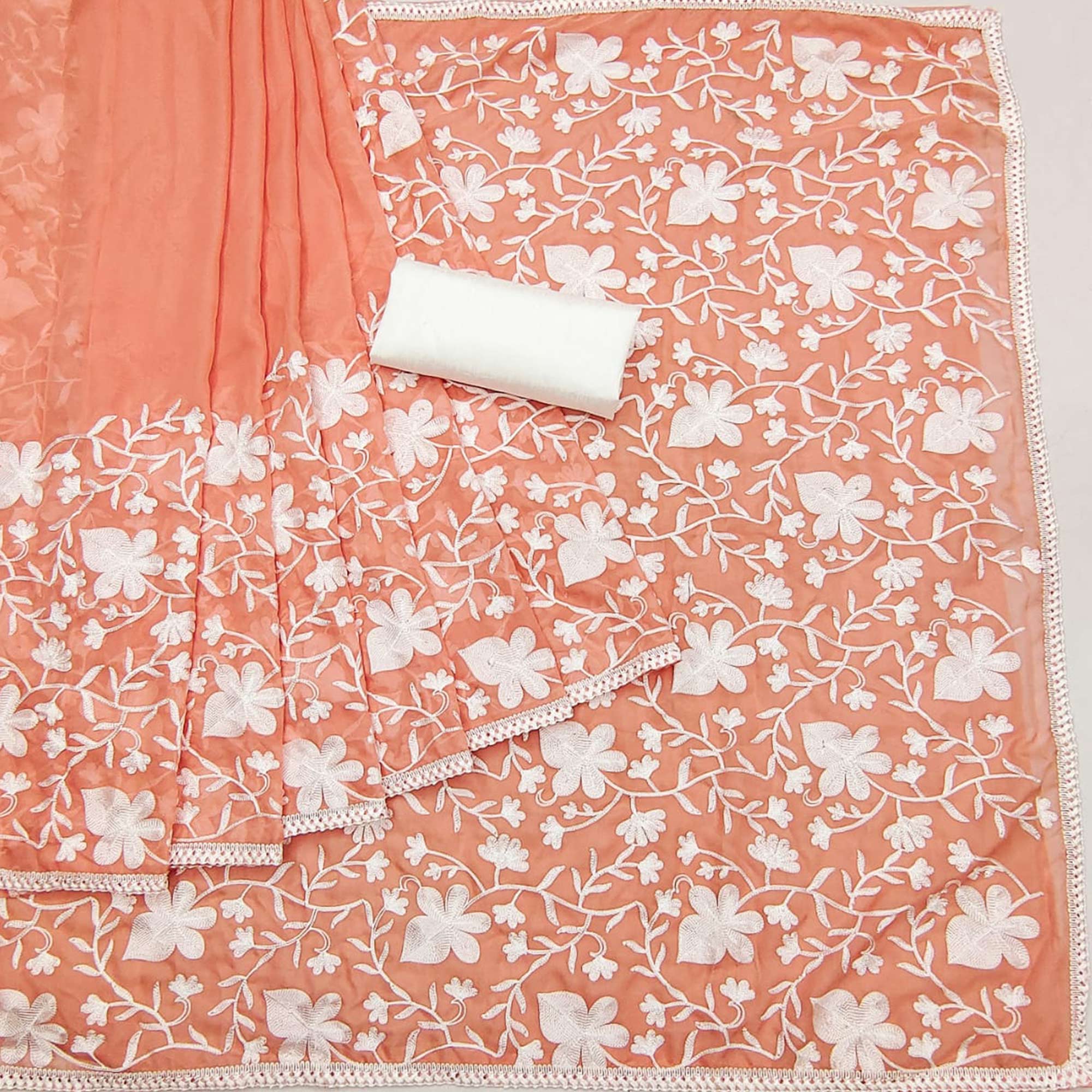 Peach Floral Embroidered Organza Saree