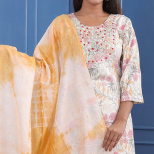 White Floral Printed With Embroidered Rayon Suit
