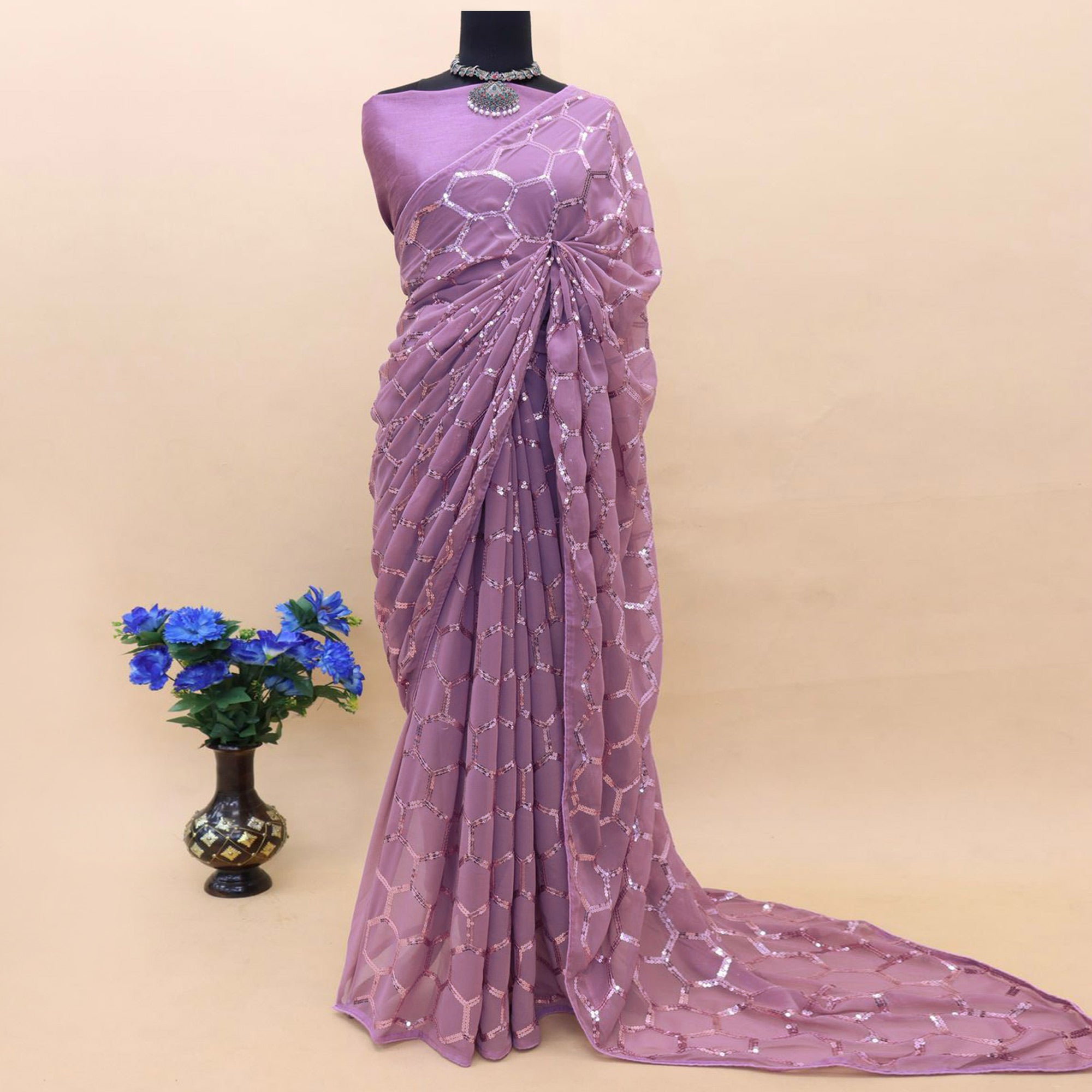 Purple Sequins Embroidered Georgette Saree
