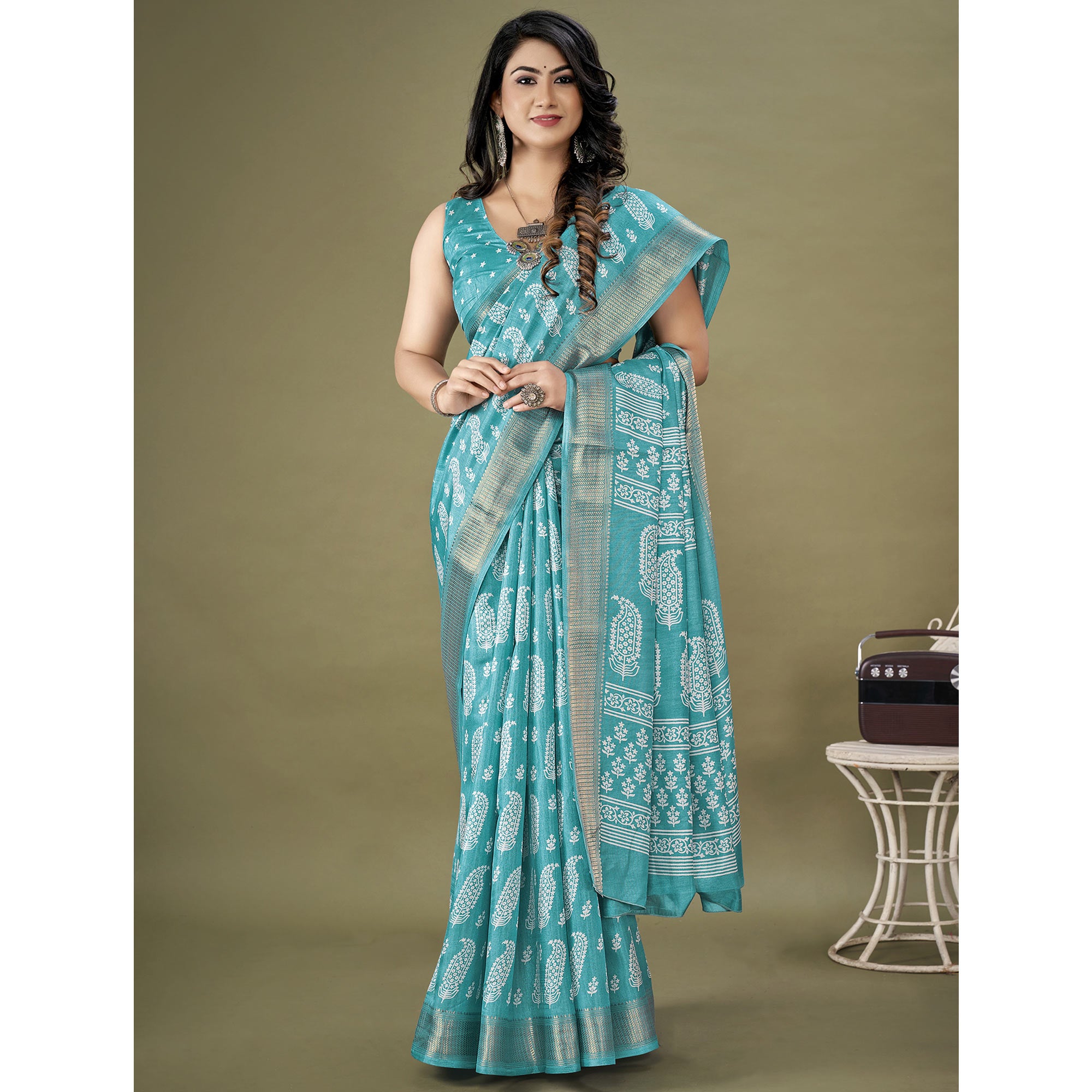 Blue Floral Printed Dola Silk Saree