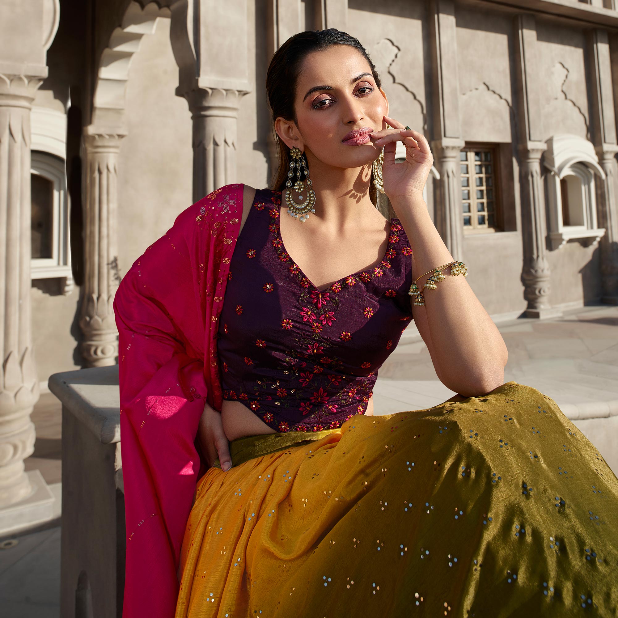 Mustard & Olive Green Embellished Mirror Work Georgette Lehenga Choli