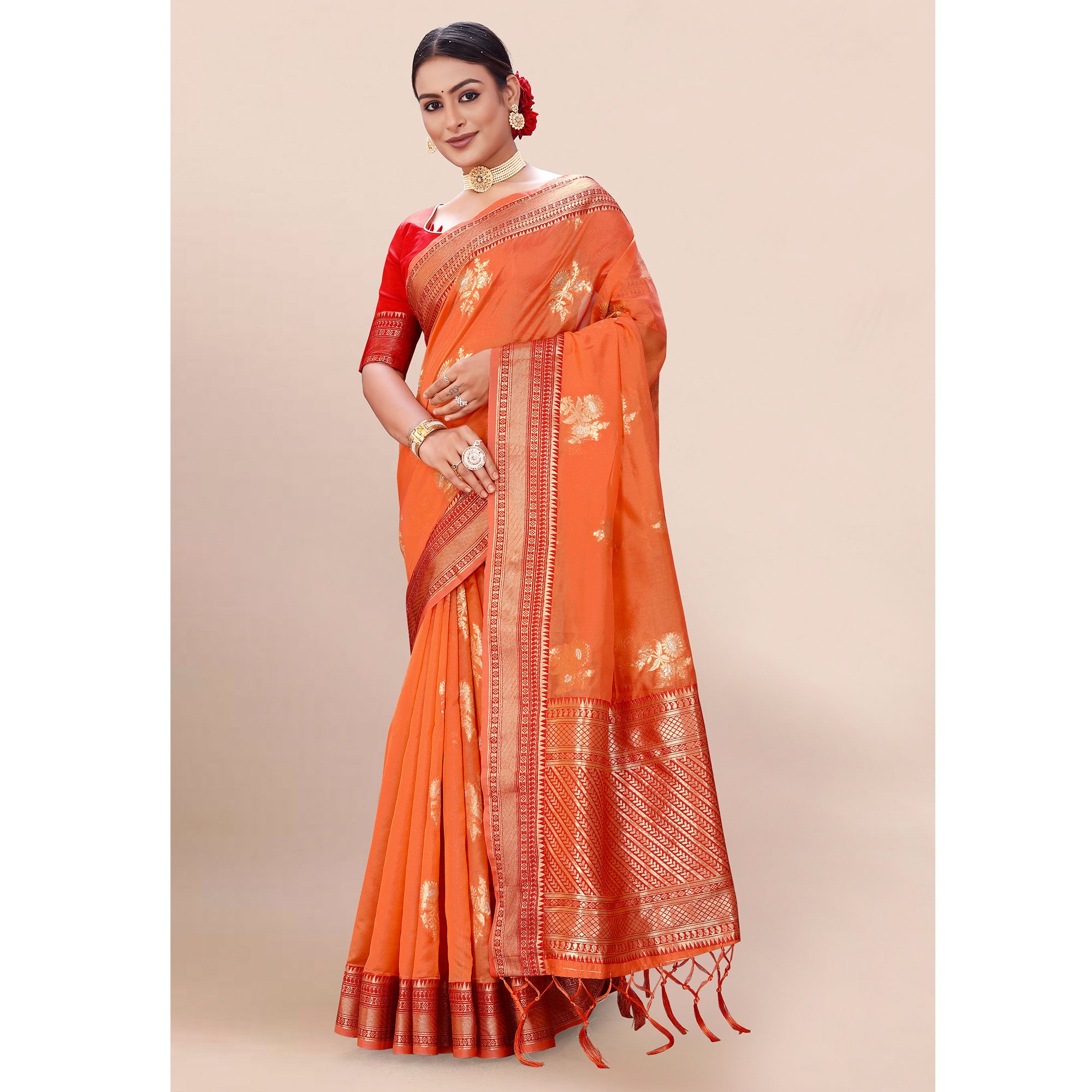 Orange Woven Organza Saree With Tassels