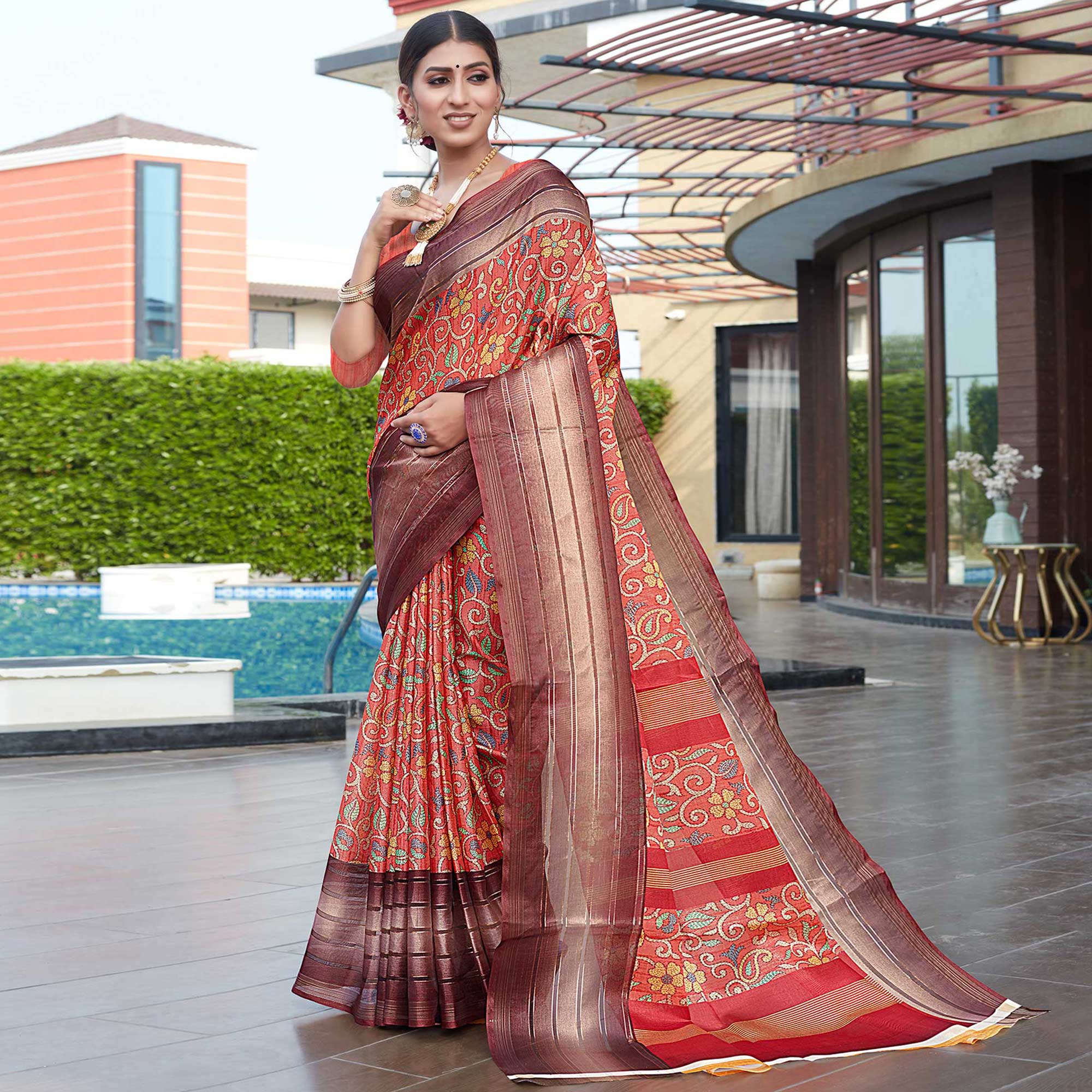 Red Floral Digital Printed Cotton Blend Saree