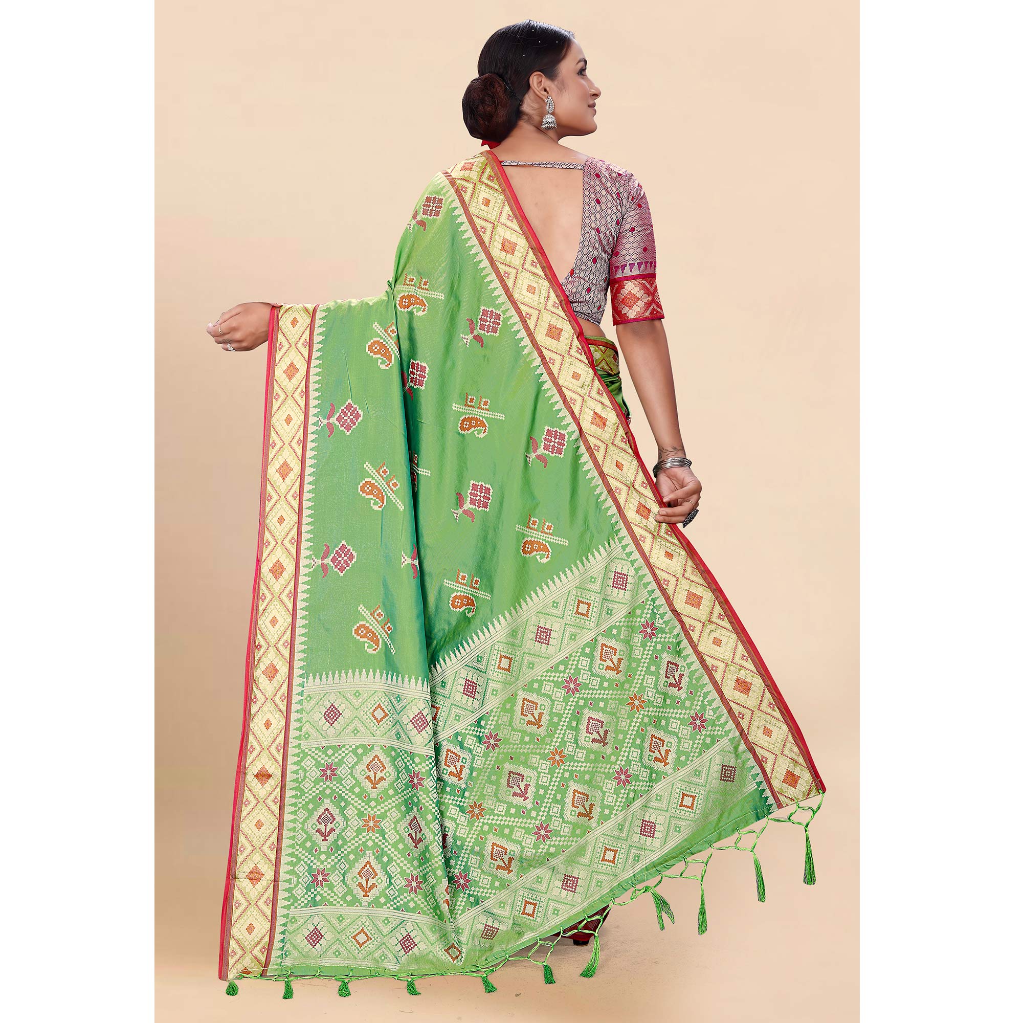 Green Woven Patola Art Silk Saree With Tassels