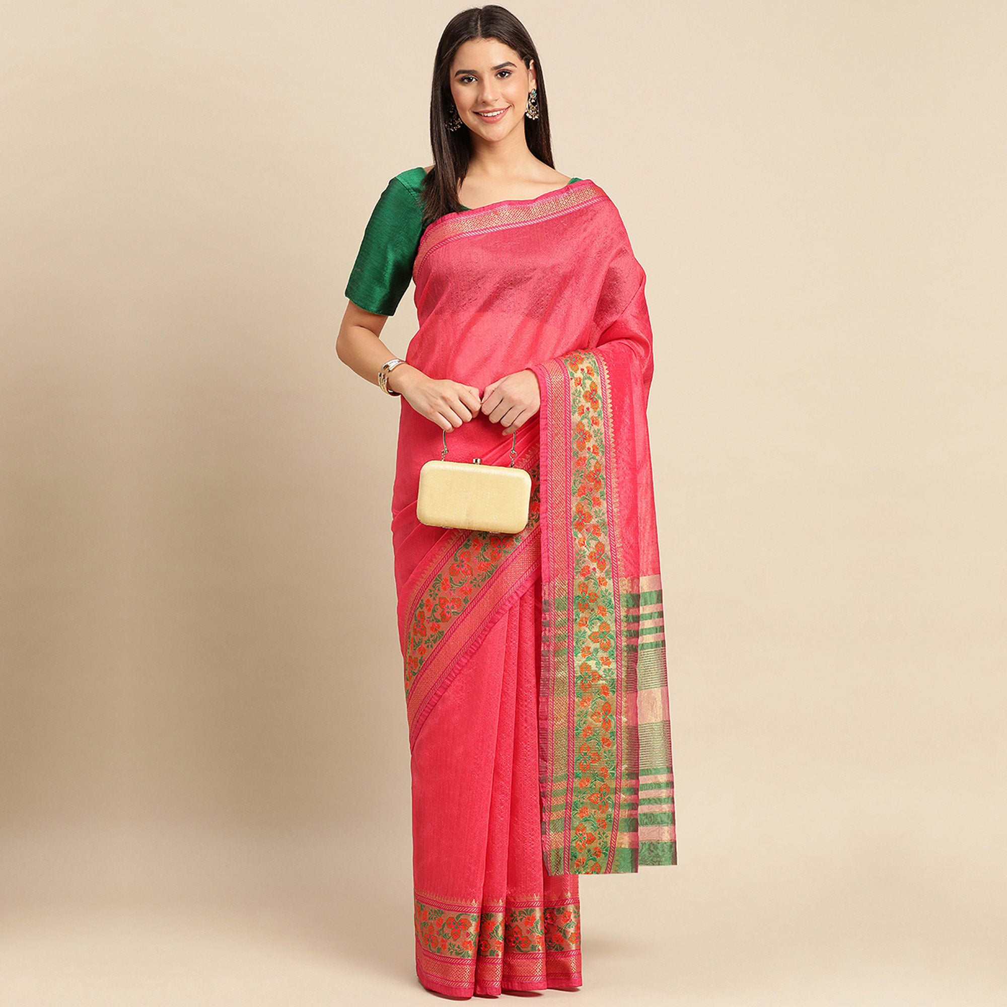 Rani Pink Woven Cotton Silk Saree