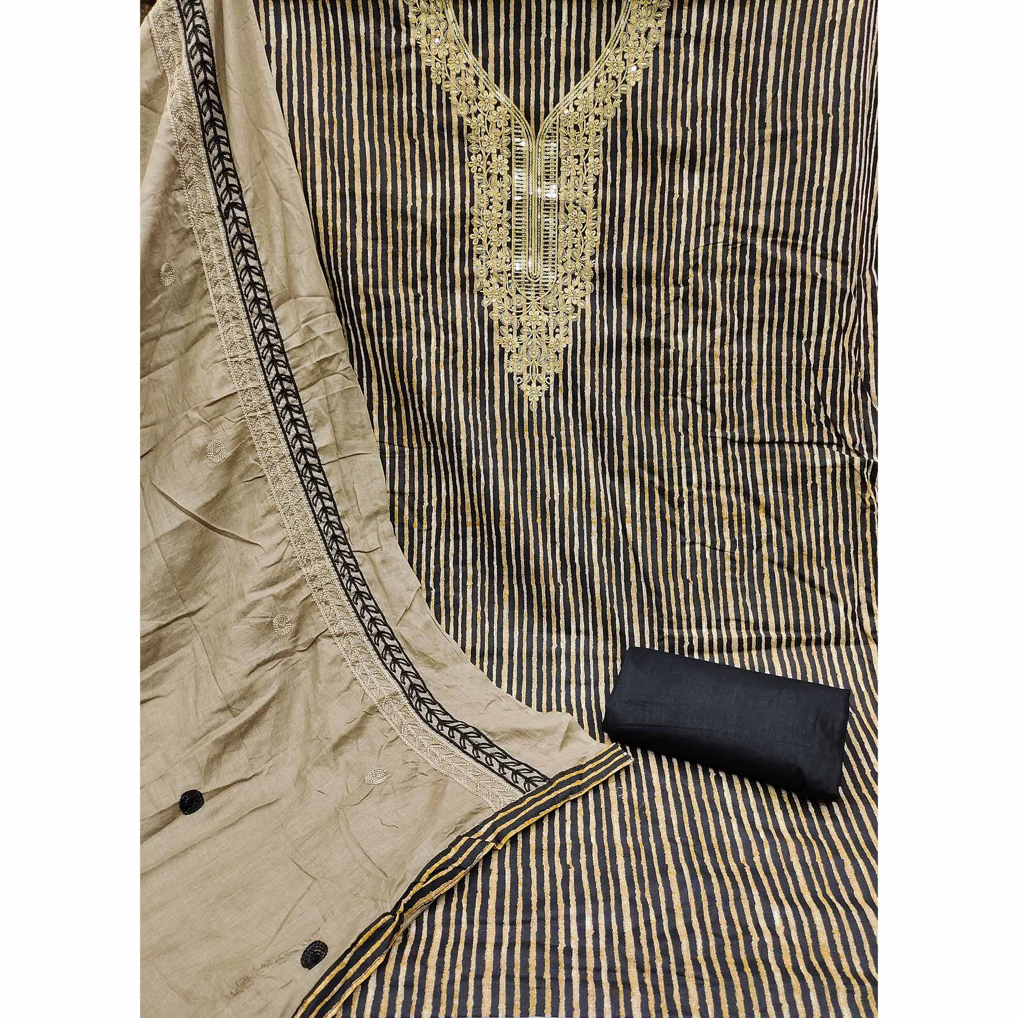 Black Printed With Sequins Embroidered Pure Cotton Dress Material