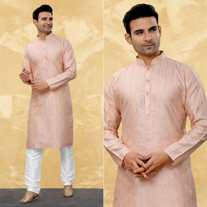 Peach Sequins Embroidered Art Silk Kurta Pyjama Set