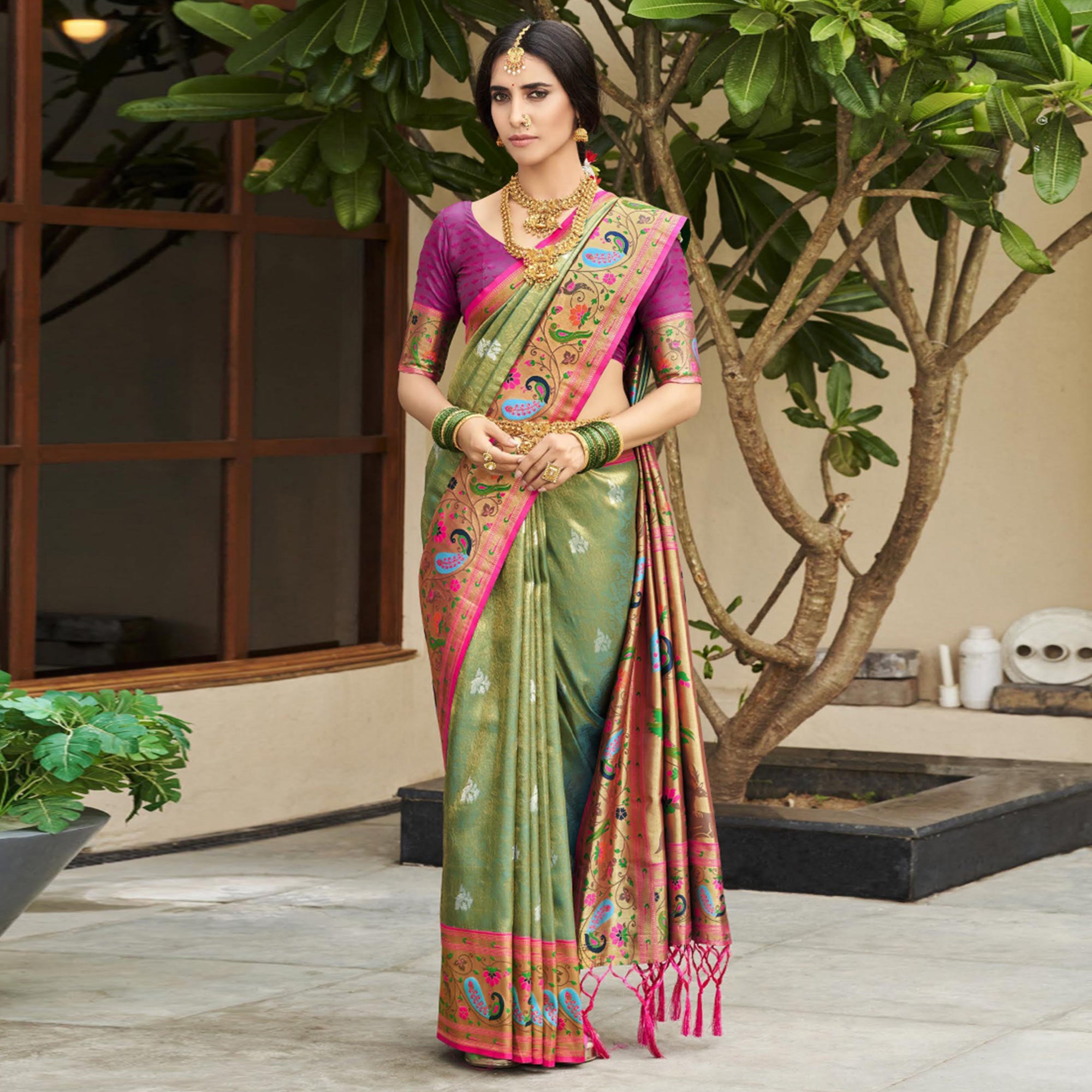 Green Woven Kanjivaram Silk Paithani Saree With Tassels