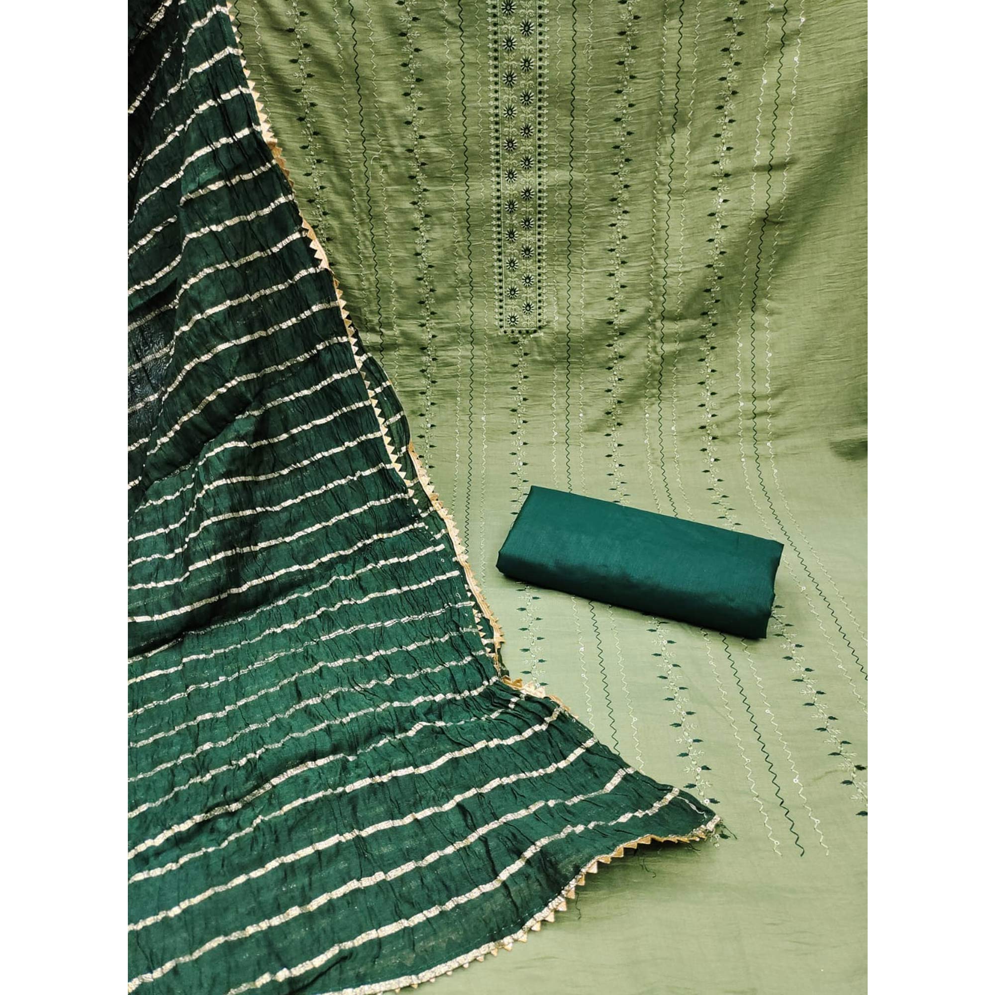 Green Sequins Embroidered Cotton Blend Dress Material