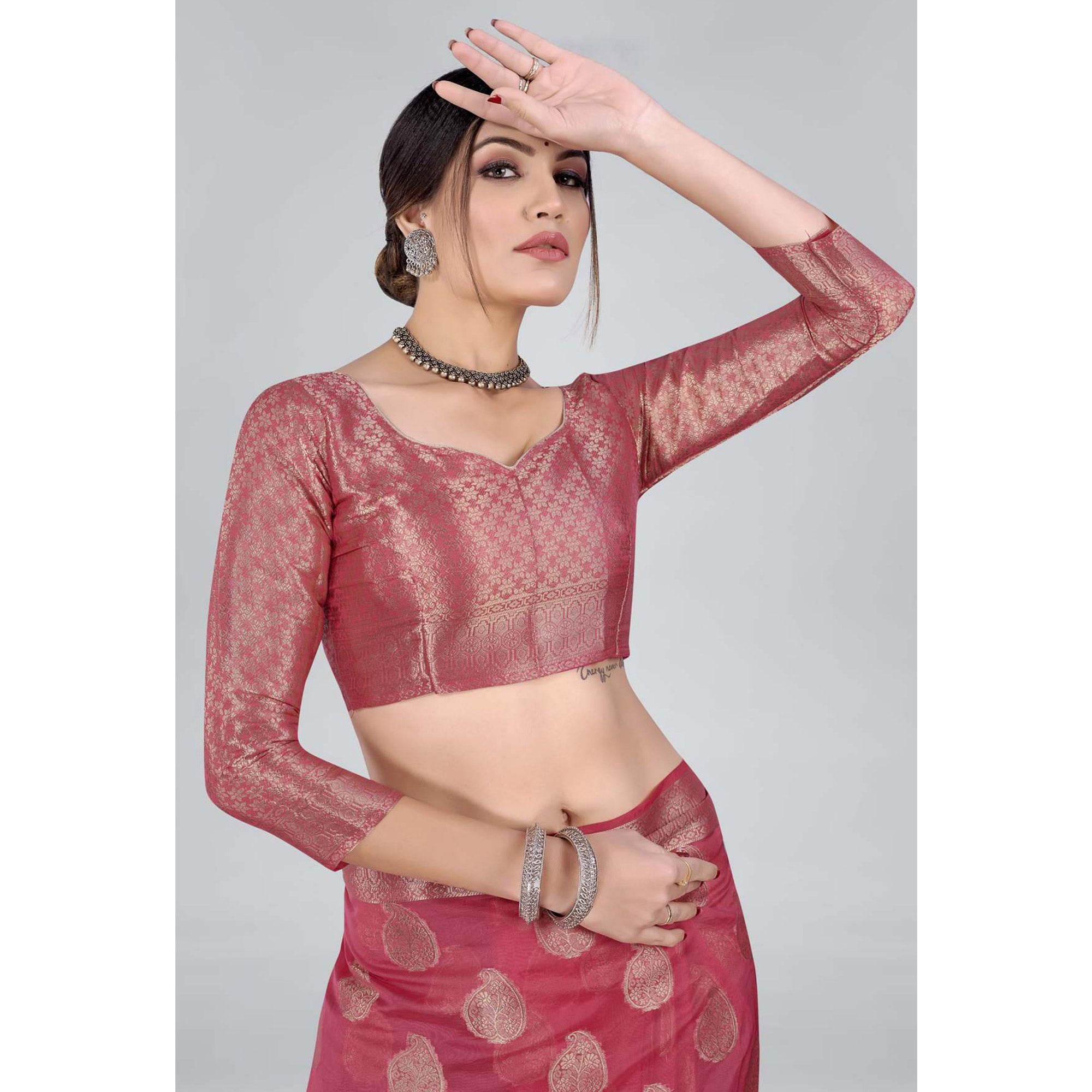 Pink Woven Organza Saree With Tassels