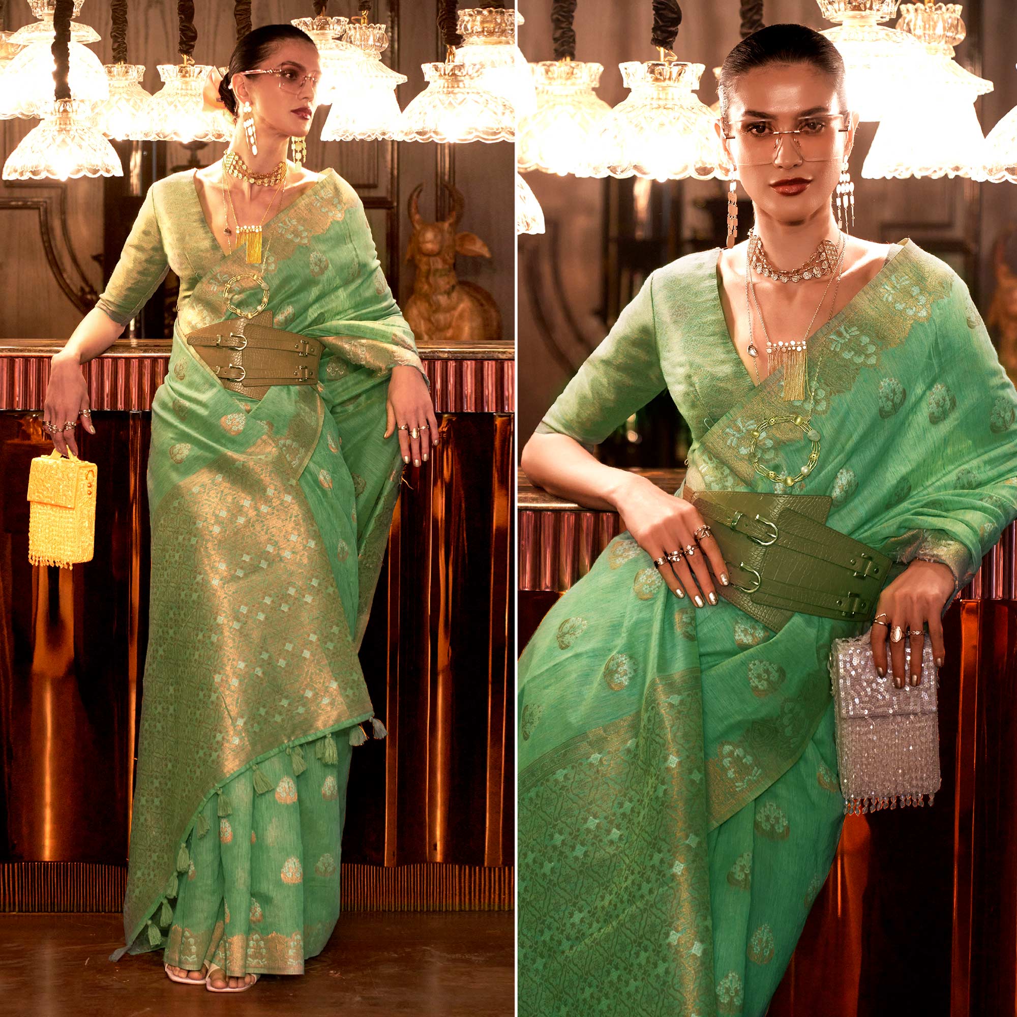 Pista Green Woven Linen Saree With Tassels