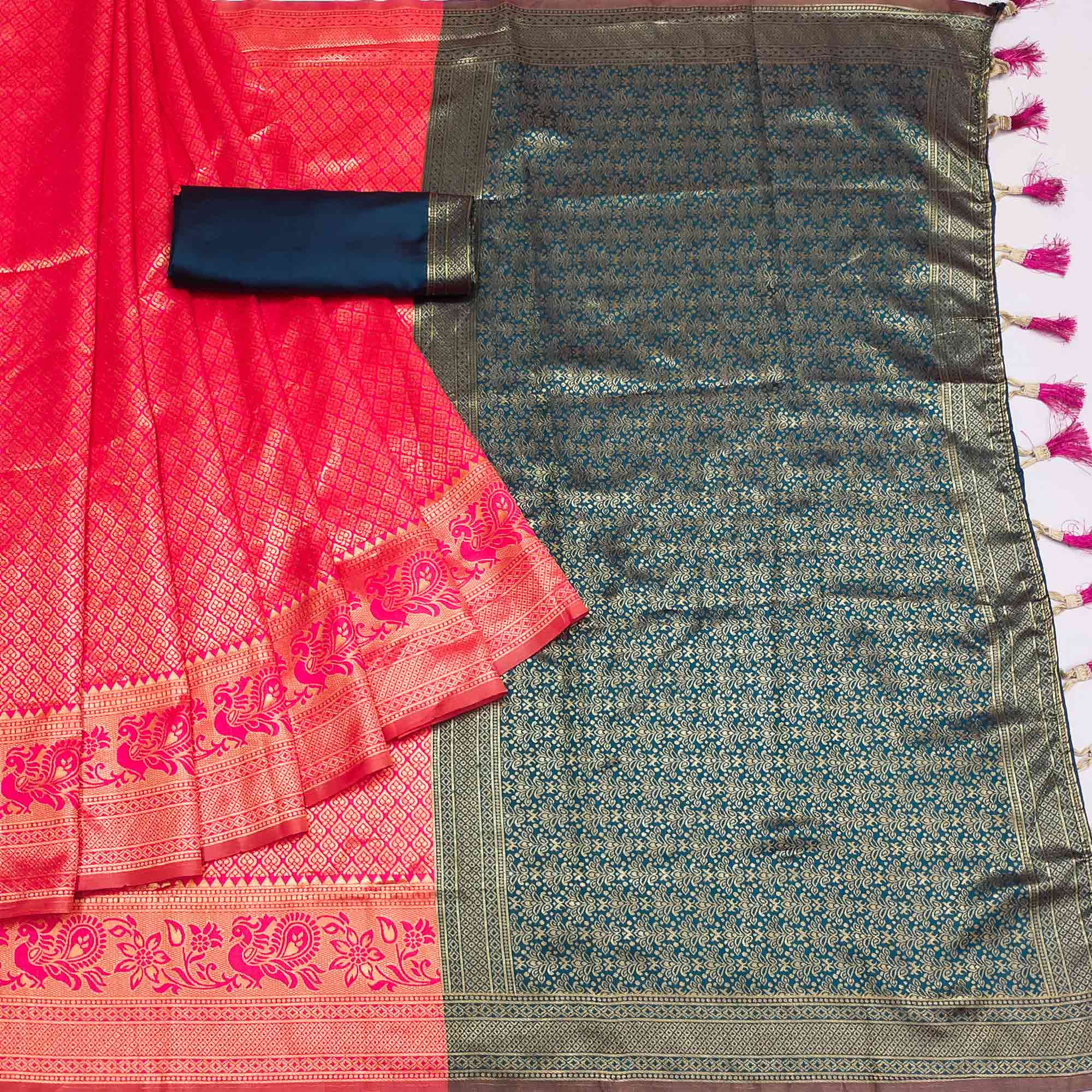 Pink Woven Jacquard Saree With Tassels