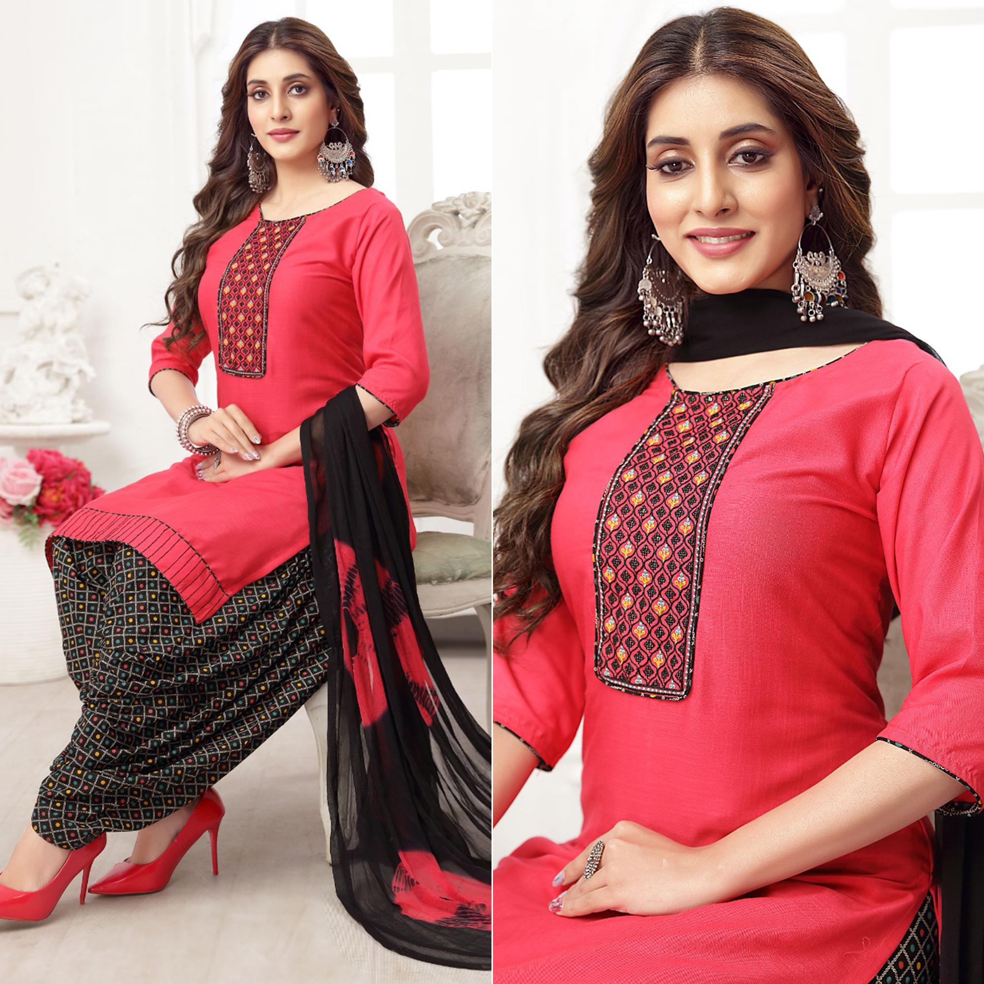 Pink Embroidered Rayon Patiala Suit