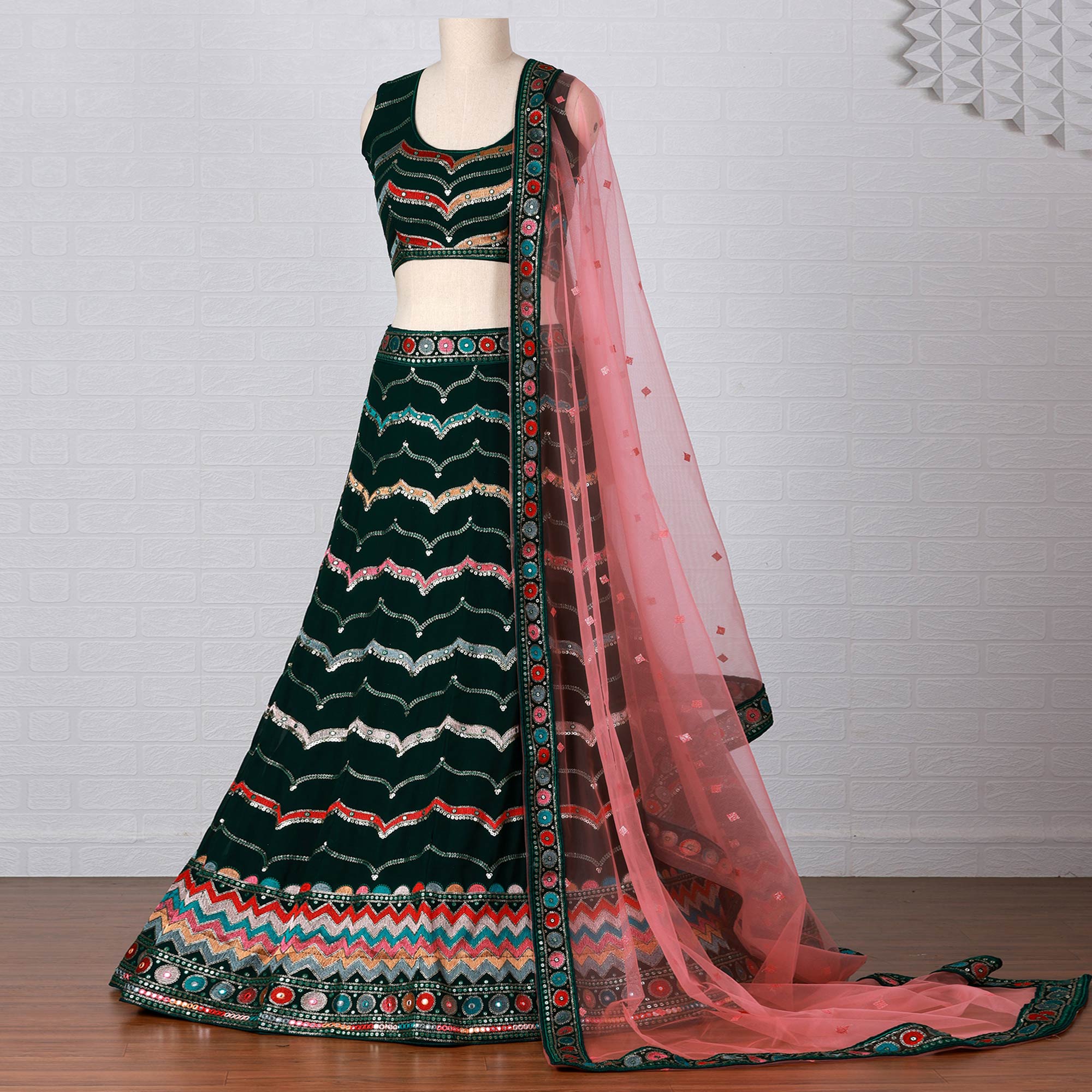 Green Sequins Embroidered Georgette Lehenga Choli