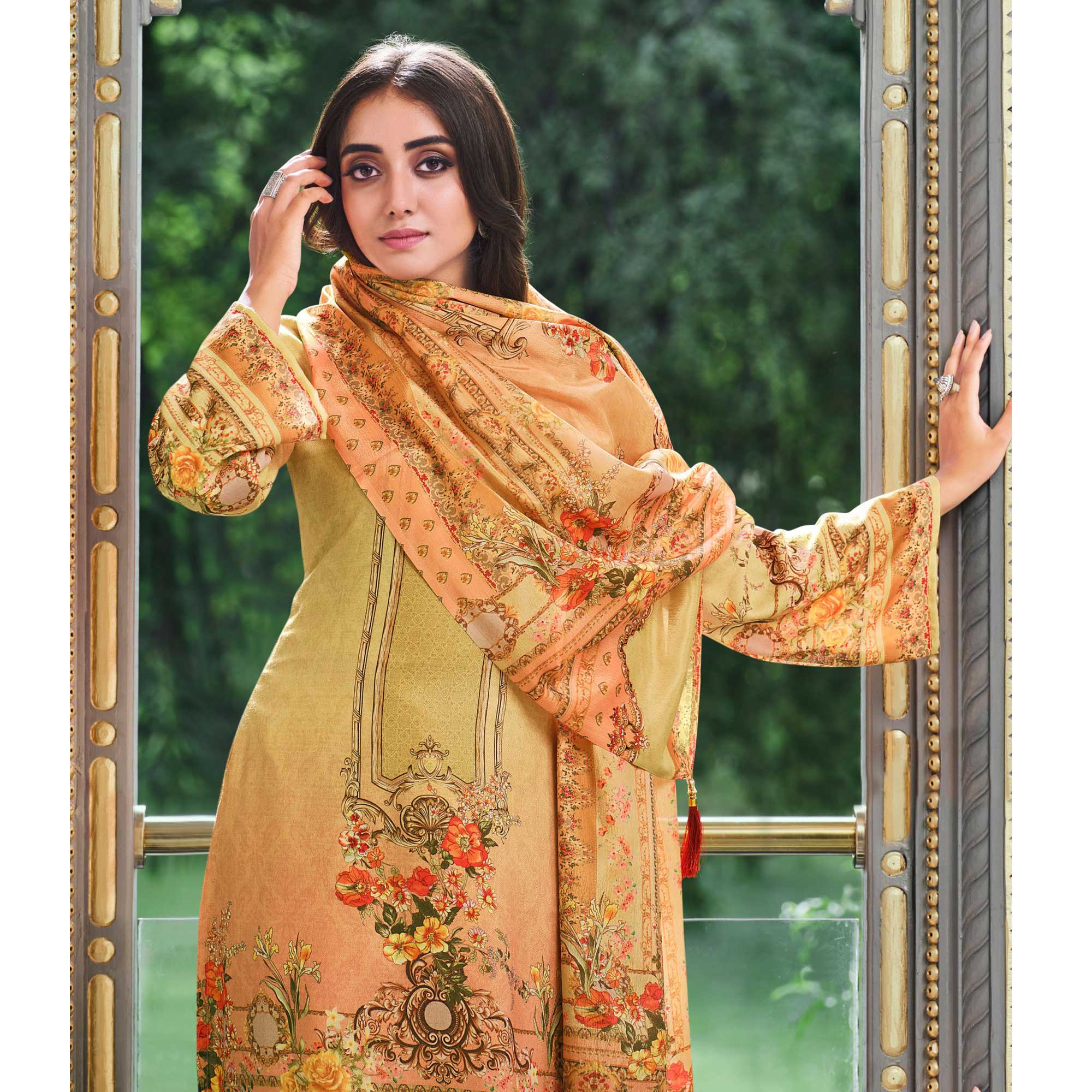 Green And Peach Digital Printed With Daman Embroidered Pure Cotton Pakistani Suit
