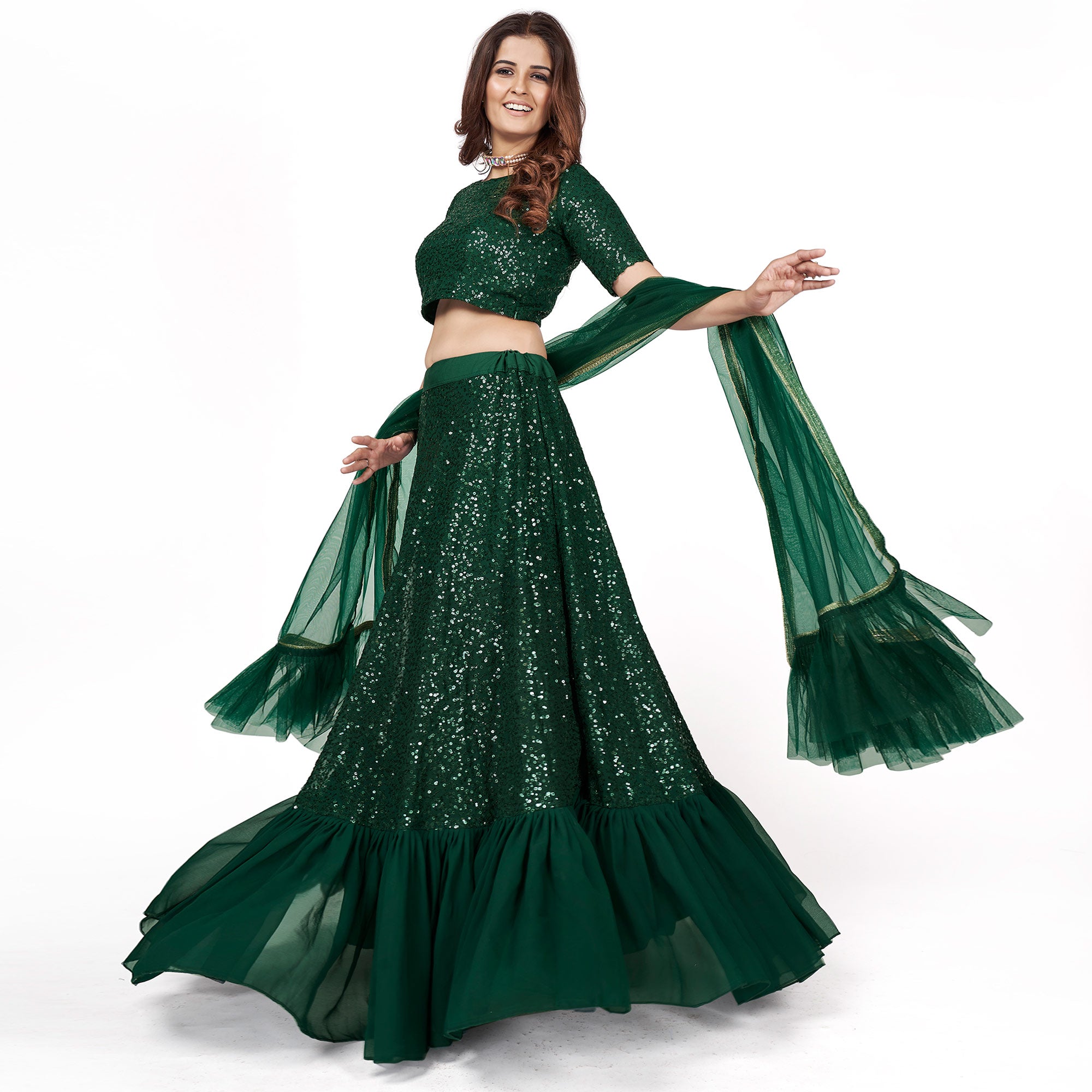 Dark Green Sequins Embroidered Georgette Lehenga Choli