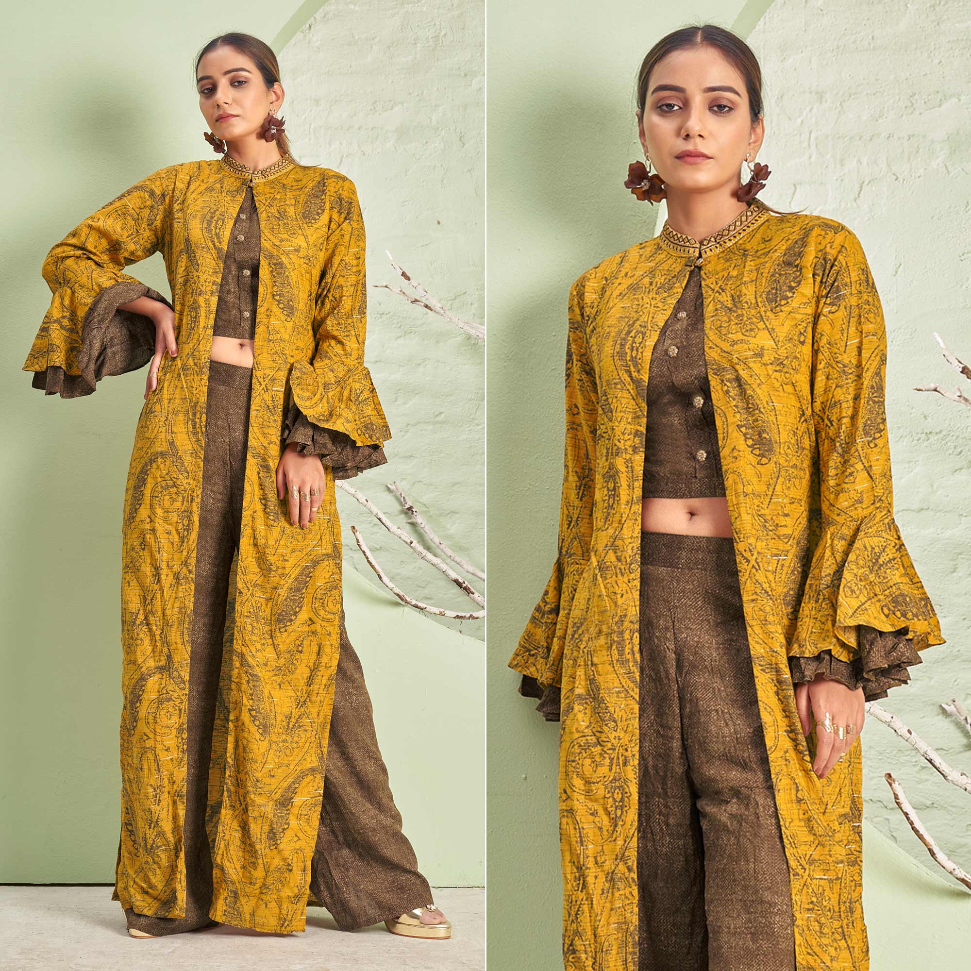 Mustard & Brown Printed Rayon Palazzo Suit With Jacket