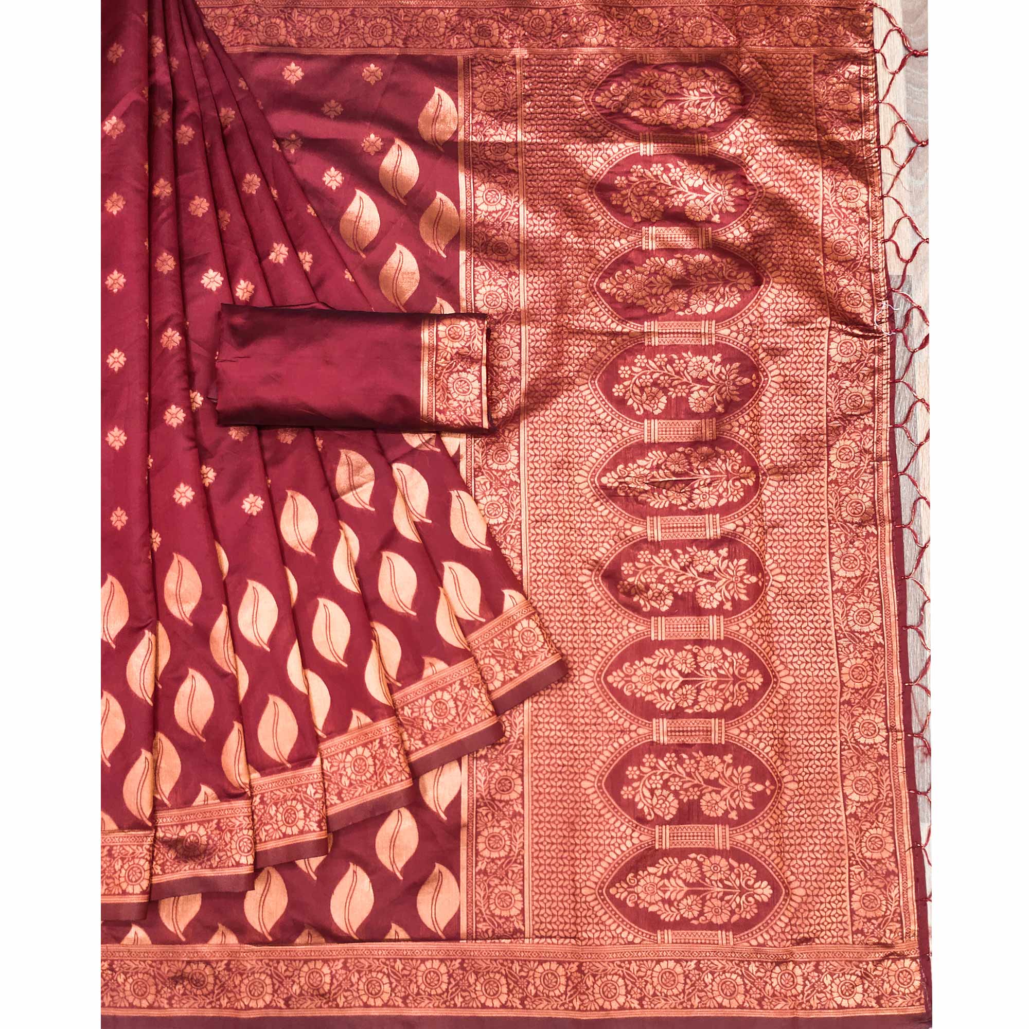 Maroon Woven Art Silk Saree With Tassels