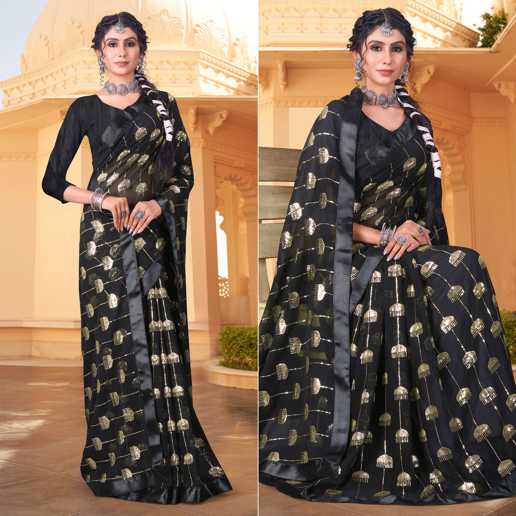 Black Sequins Embroidered Georgette Saree