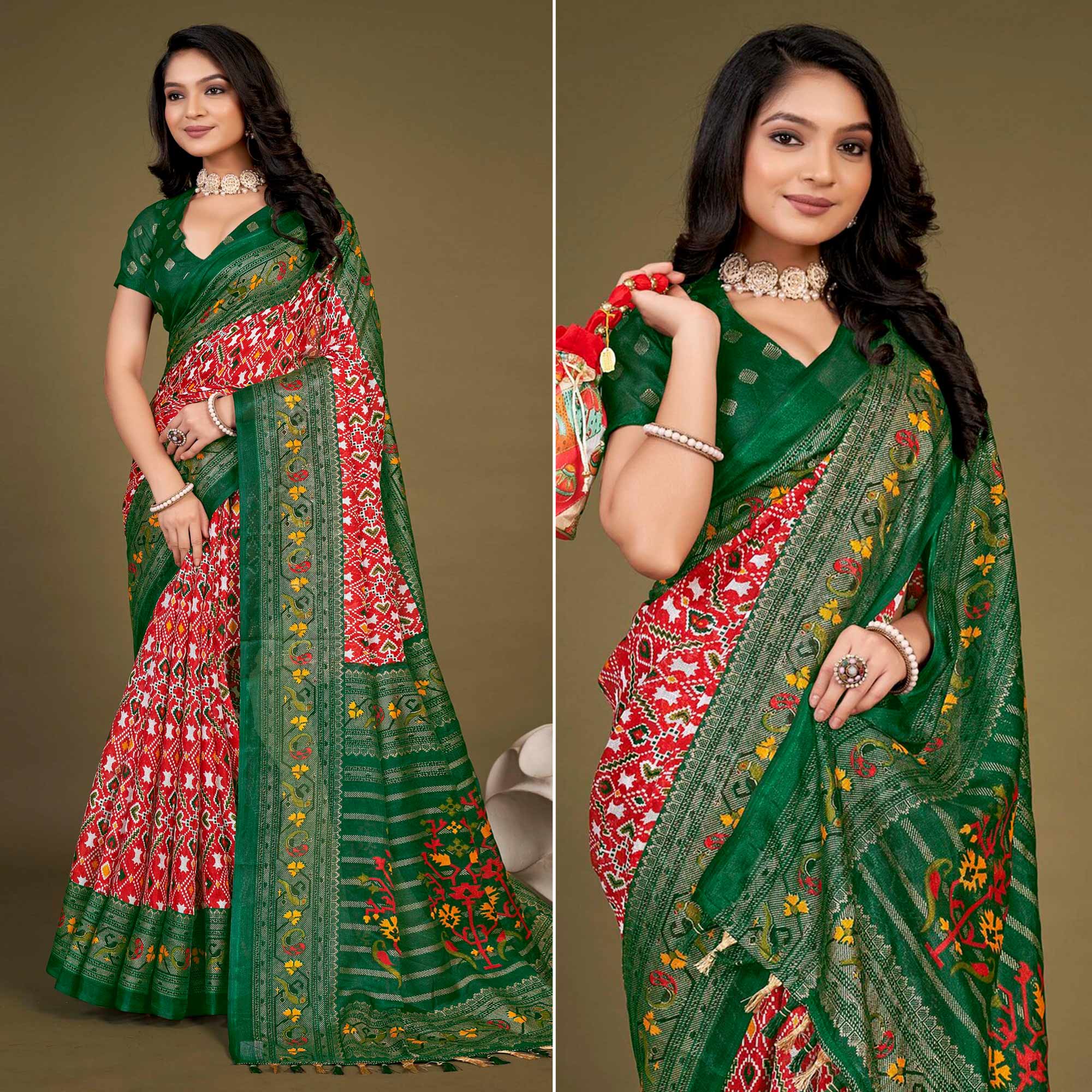 Red Printed Jute Patola Saree With Tassels
