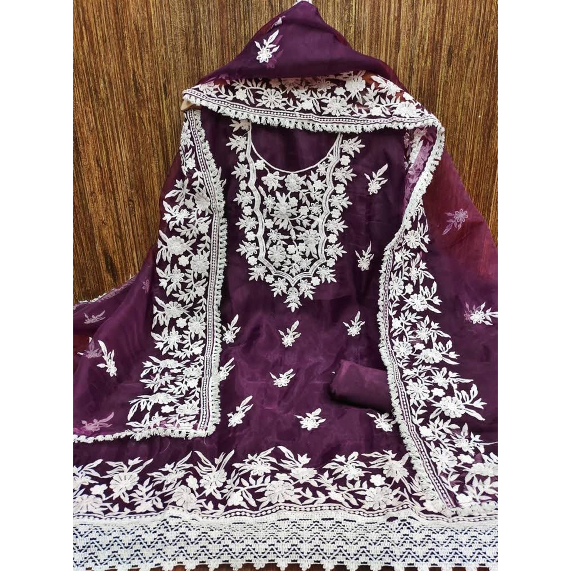 Wine Floral Embroidered Organza Dress Material