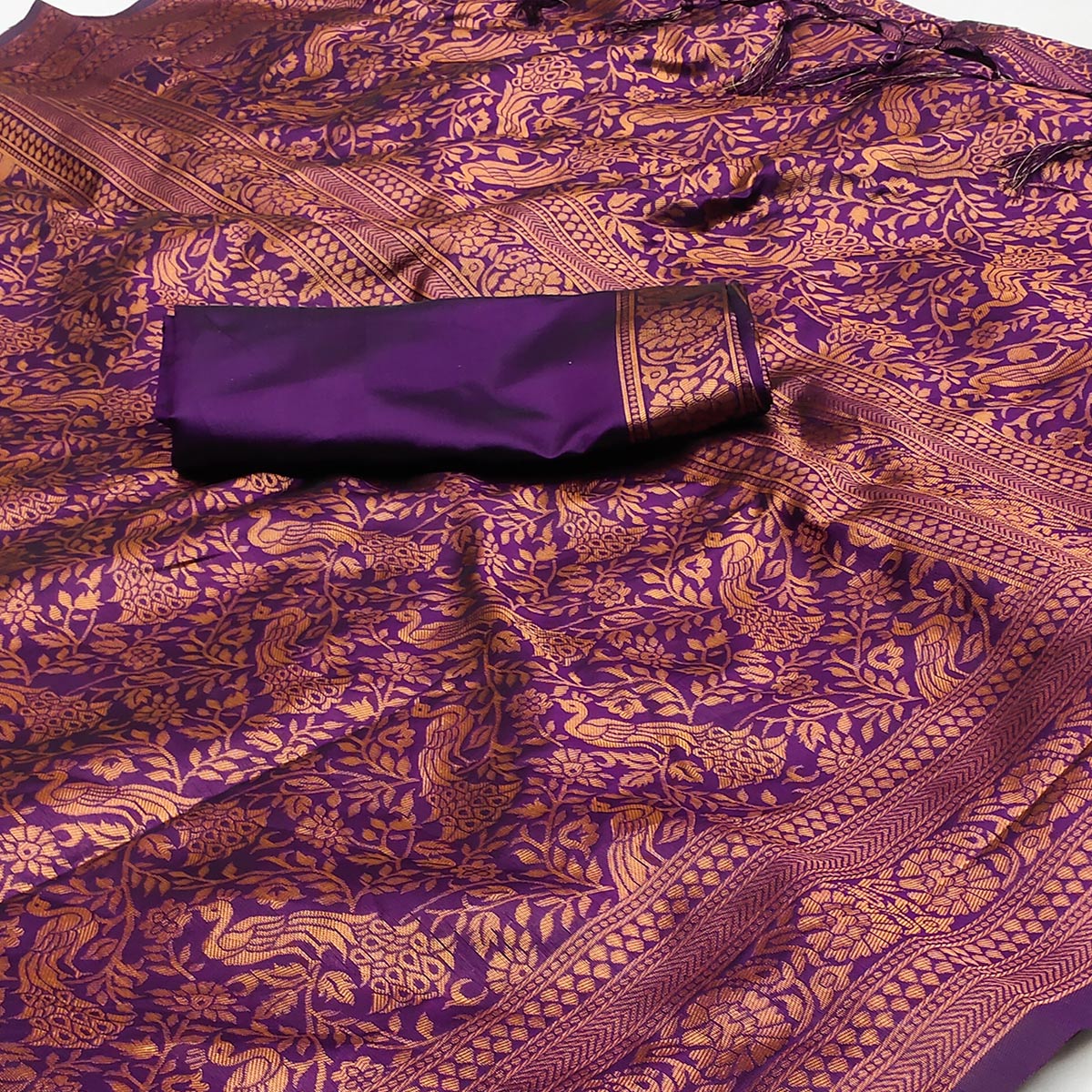 Purple Woven Art Silk Saree With Tassels
