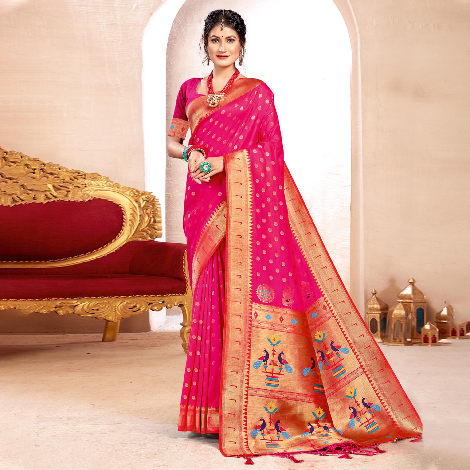 Pink Woven Art Silk Paithani Saree With Tassels