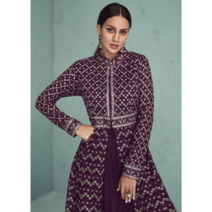 Purple Floral Embroidered Georgette Front Slit Suit