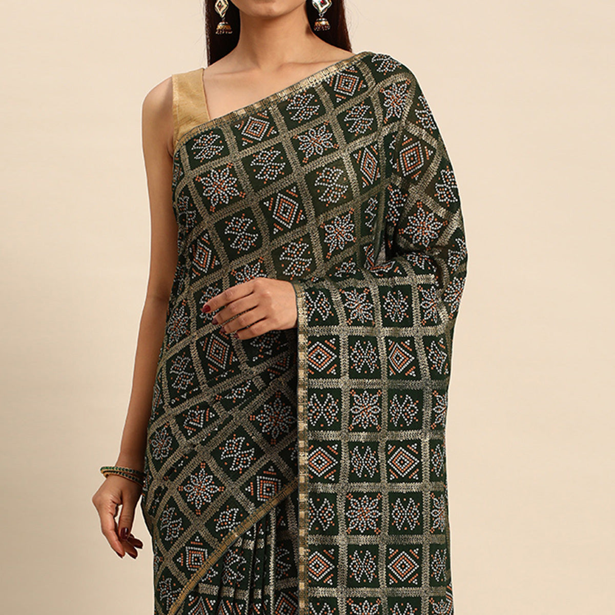Green Bandhani Foil Printed Zomato Saree With Tassels