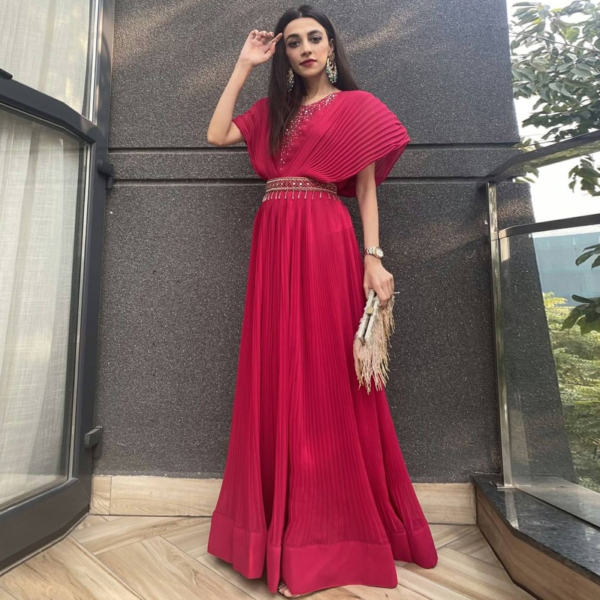 Pink Embellished Georgette Gown With Belt
