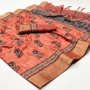 Orange Floral Printed Matka Tussar Saree With Tassels