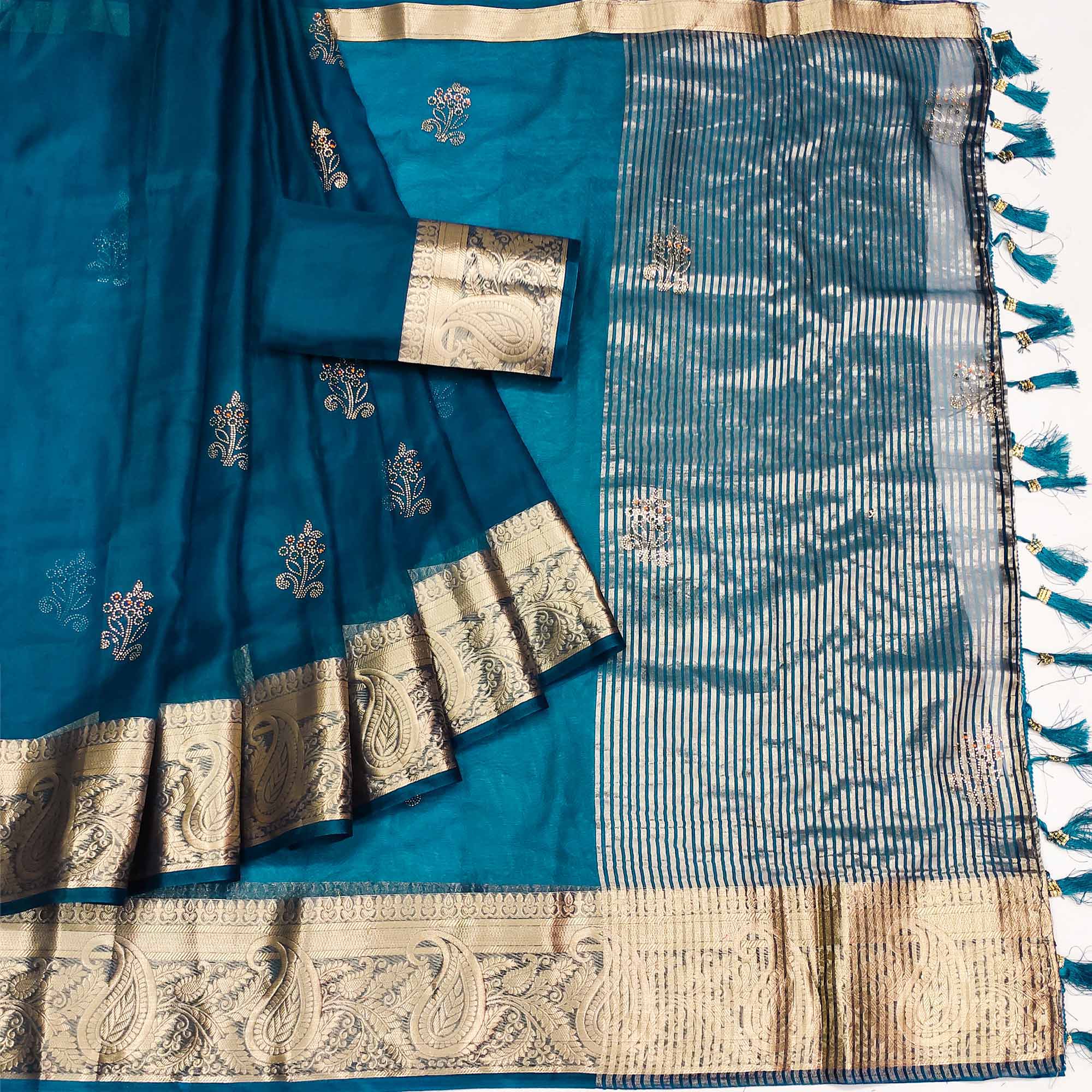 Blue Floral Foil With Woven Border Organza Saree