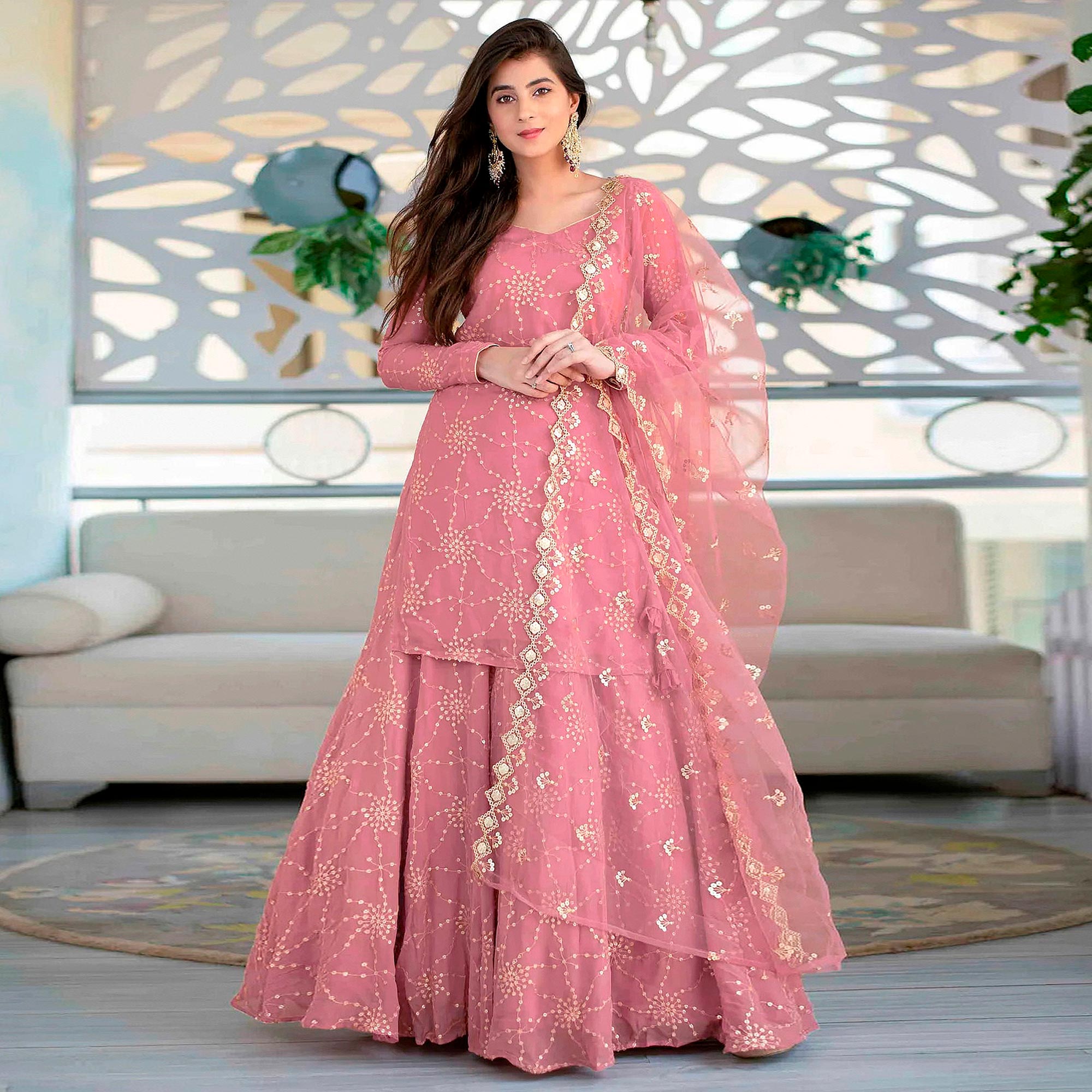 Pink Sequins Embroidered Georgette Semi Stitched Gharara Style Suit