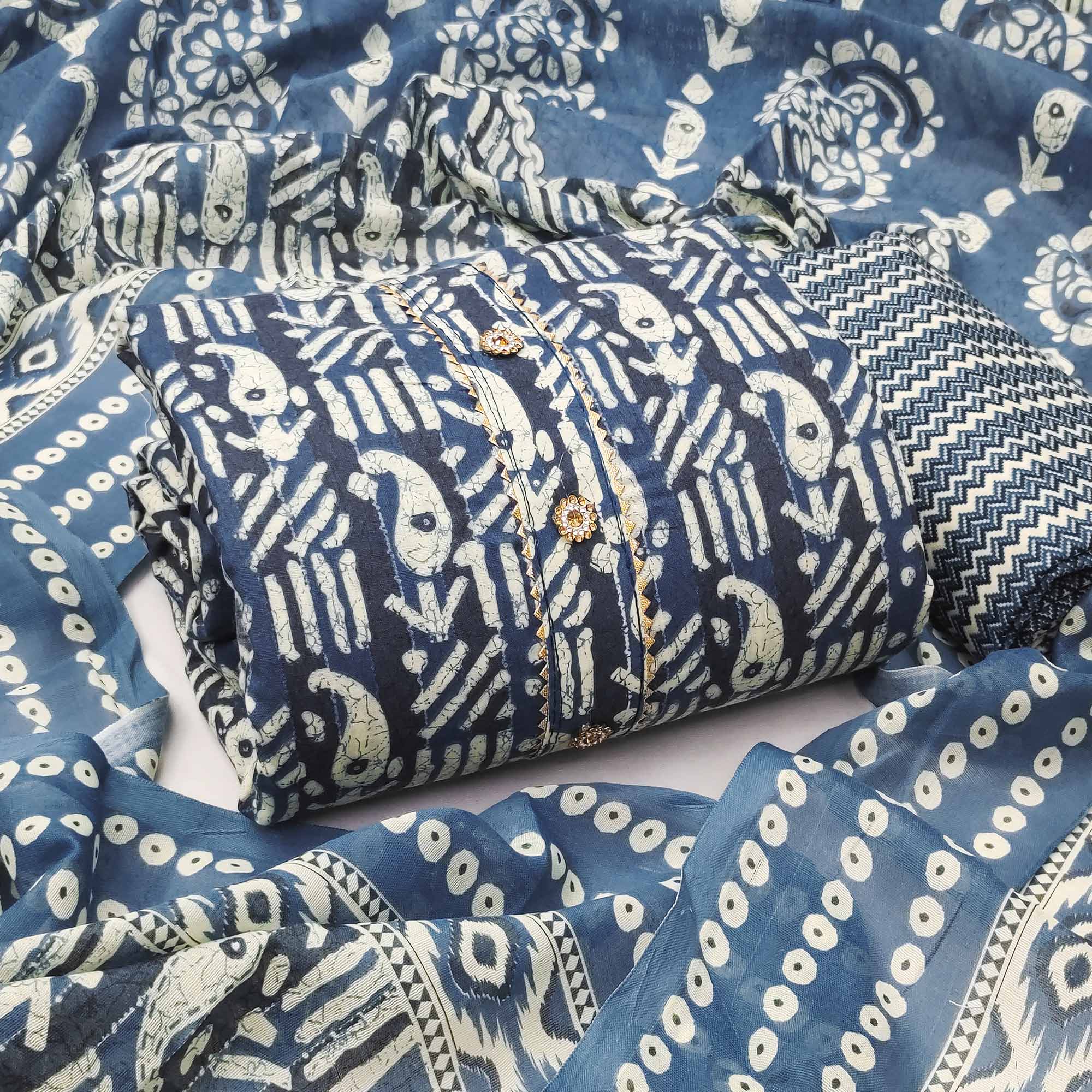Blue Printed Cotton Blend Dress Material