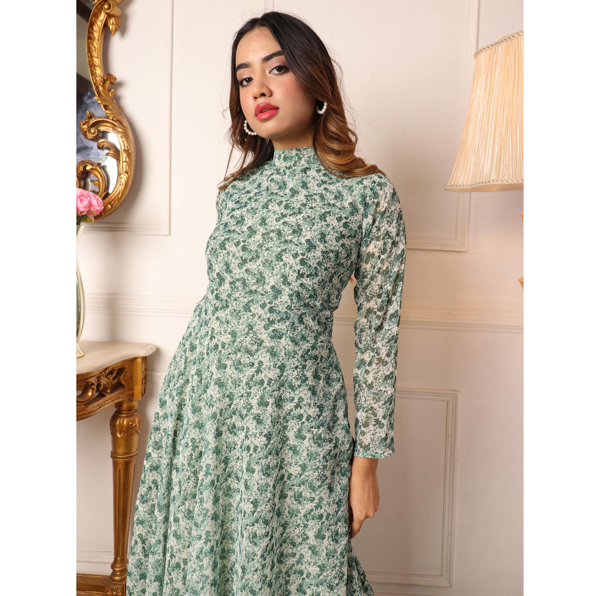 Green Printed Georgette Gown