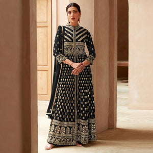 Black Floral Embroidered Georgette Palazzo Suit