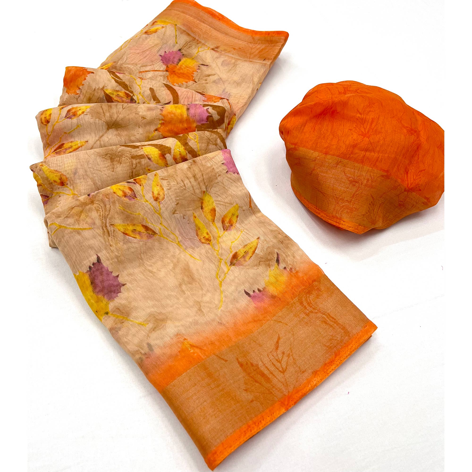 Beige Floral Printed Linen Saree