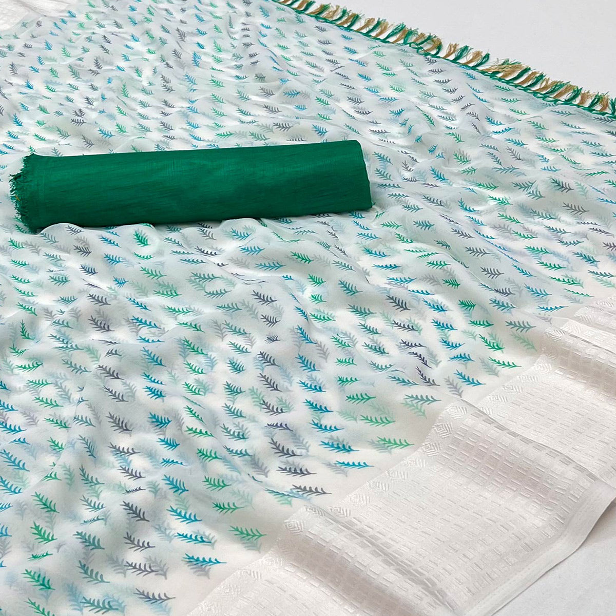 White Printed With Checks Border Georgette Saree