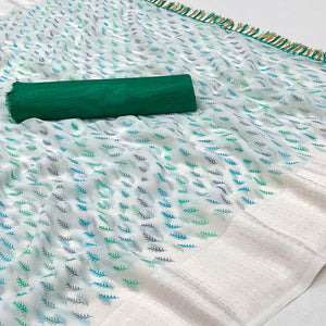 White Printed With Checks Border Georgette Saree