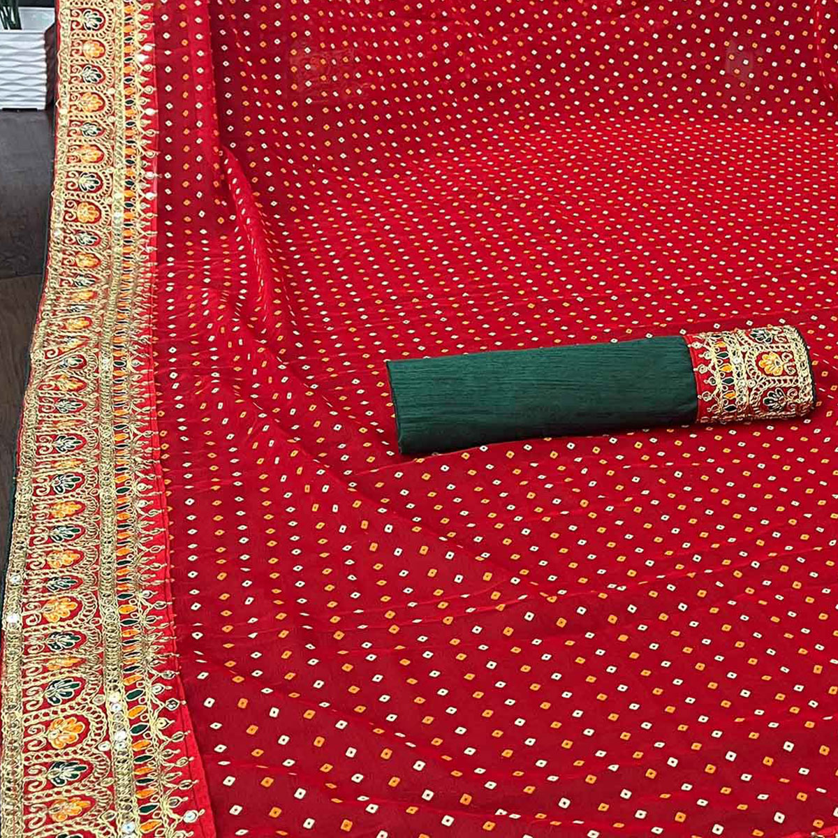 Red Bandhani Printed With Embroidered Border Georgette Saree