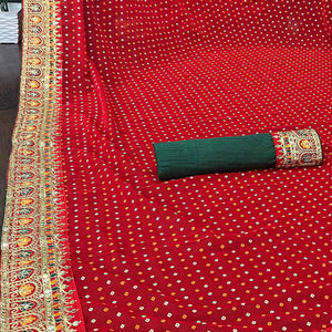 Red Bandhani Printed With Embroidered Border Georgette Saree